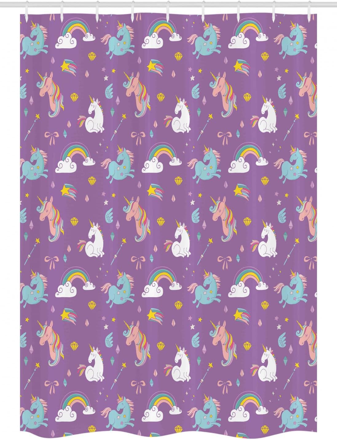 Ambesonne Magic Stall Shower Curtain, Unicorn and Rainbow Diamond Wand Pattern Girl Creature Print, Fabric Bathroom Decor Set with Hooks, 54" W x 78" L, Purple Cadet Blue White