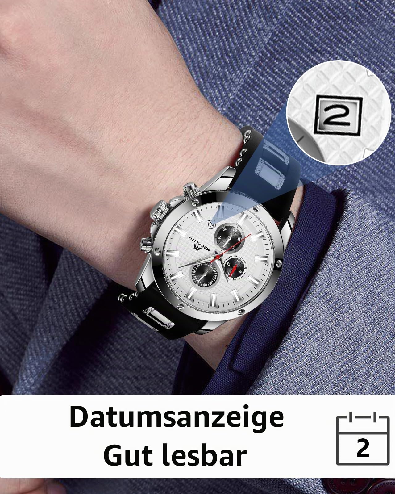 MEGALITH Herren Uhren Groß Chronographen: Analog Wasserdicht Armbanduhr Gummiband mit Datum Leuchtend - Stilvoll Geschenke für Sportlich Männer Jubiläum Geburtstag