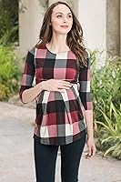 Vista 51 de LaClef - Blusa de maternidad para mujer, cuello redondo, manga 3/4, plisada al frente, estilo peplum Cuadros marrones