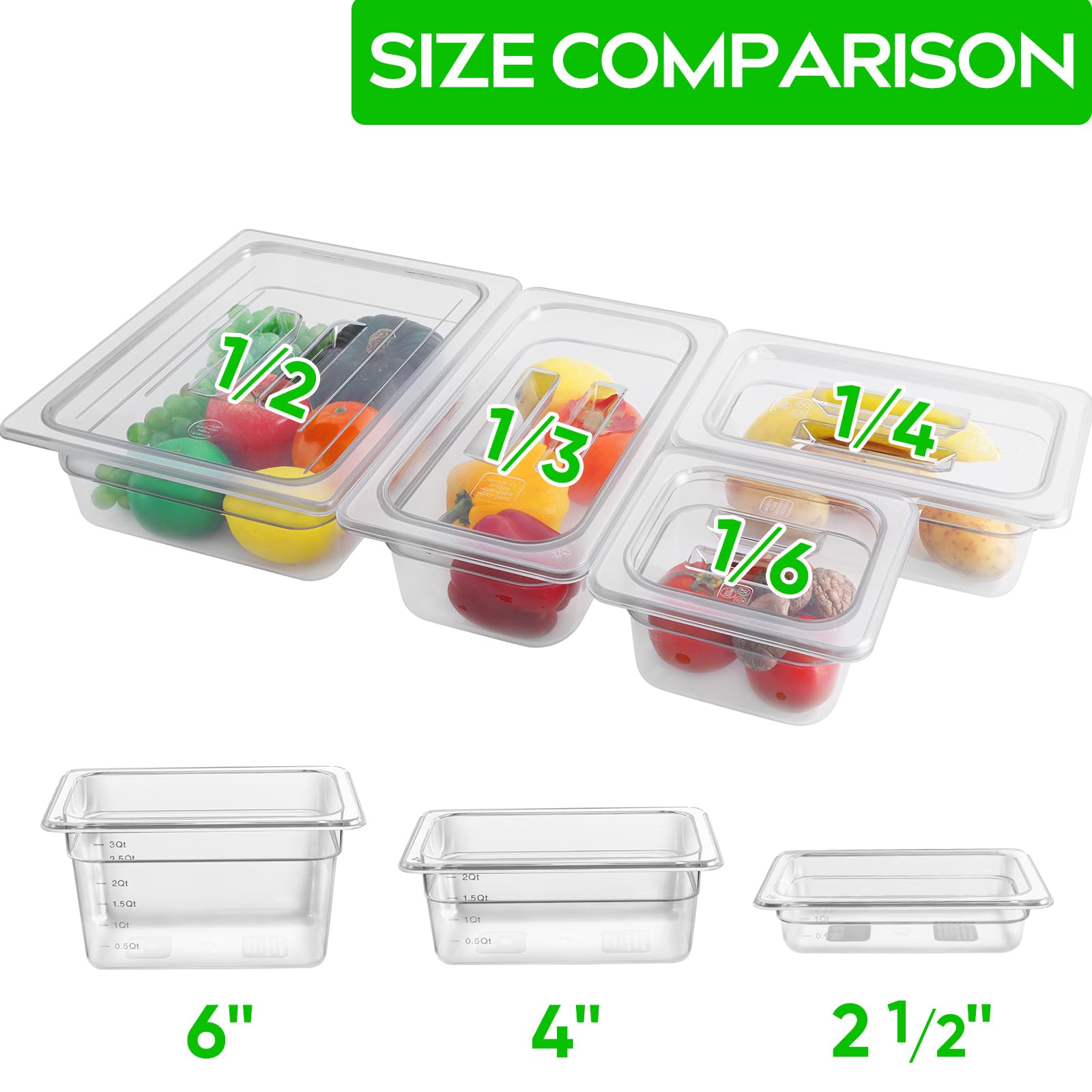 Paquete de 6 sartenes transparentes de 1/4 de 6 pulgadas de profundidad con tapas, sartenes comerciales de policarbonato transparente para almacenamiento de alimentos, sartén de plástico apilable con