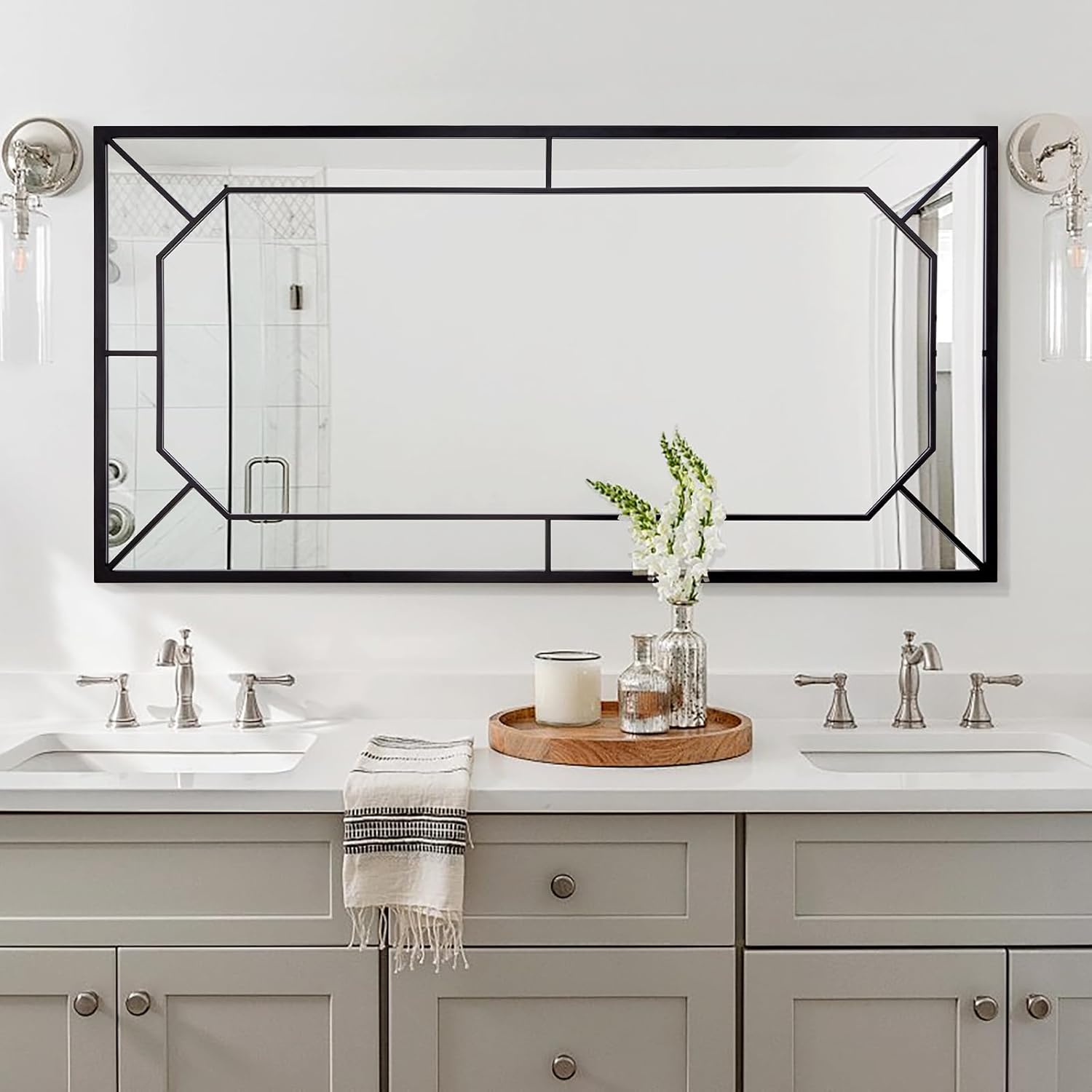 black decorative wall mirror, 48"x24" large entryway mirror with geometric metal frame, octagonal elegant mirror for living room, bathroom, entryway black 48"l x 24"w