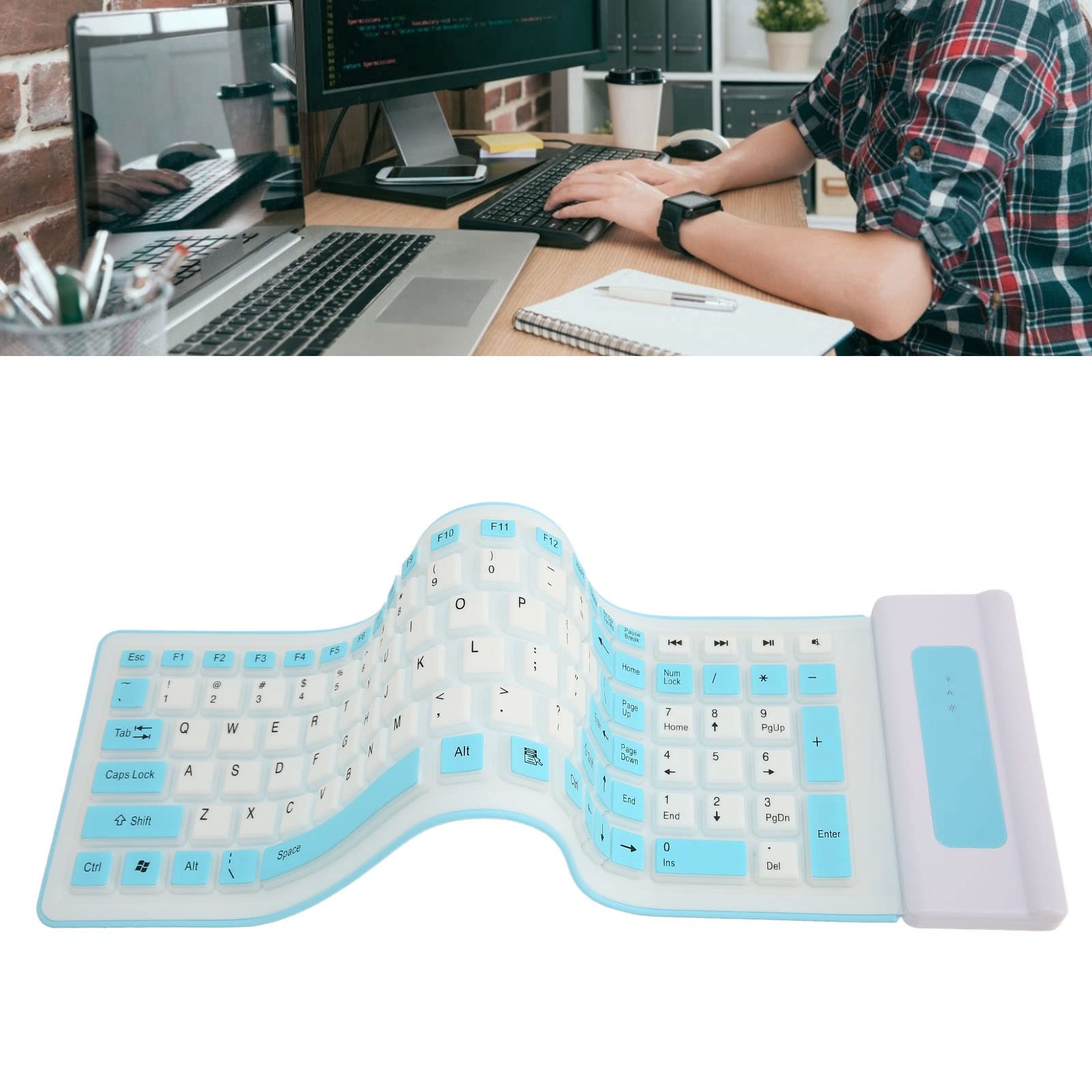 Focket Tastiera in Silicone, 2.4G USB Wireless Keyboard Tastiera Pieghevole Rollup Keyboard Tastiera Portatile Impermeabile, 103 Tasti Tastiera Flessibile Tastiere del Computer per PC (Blu)