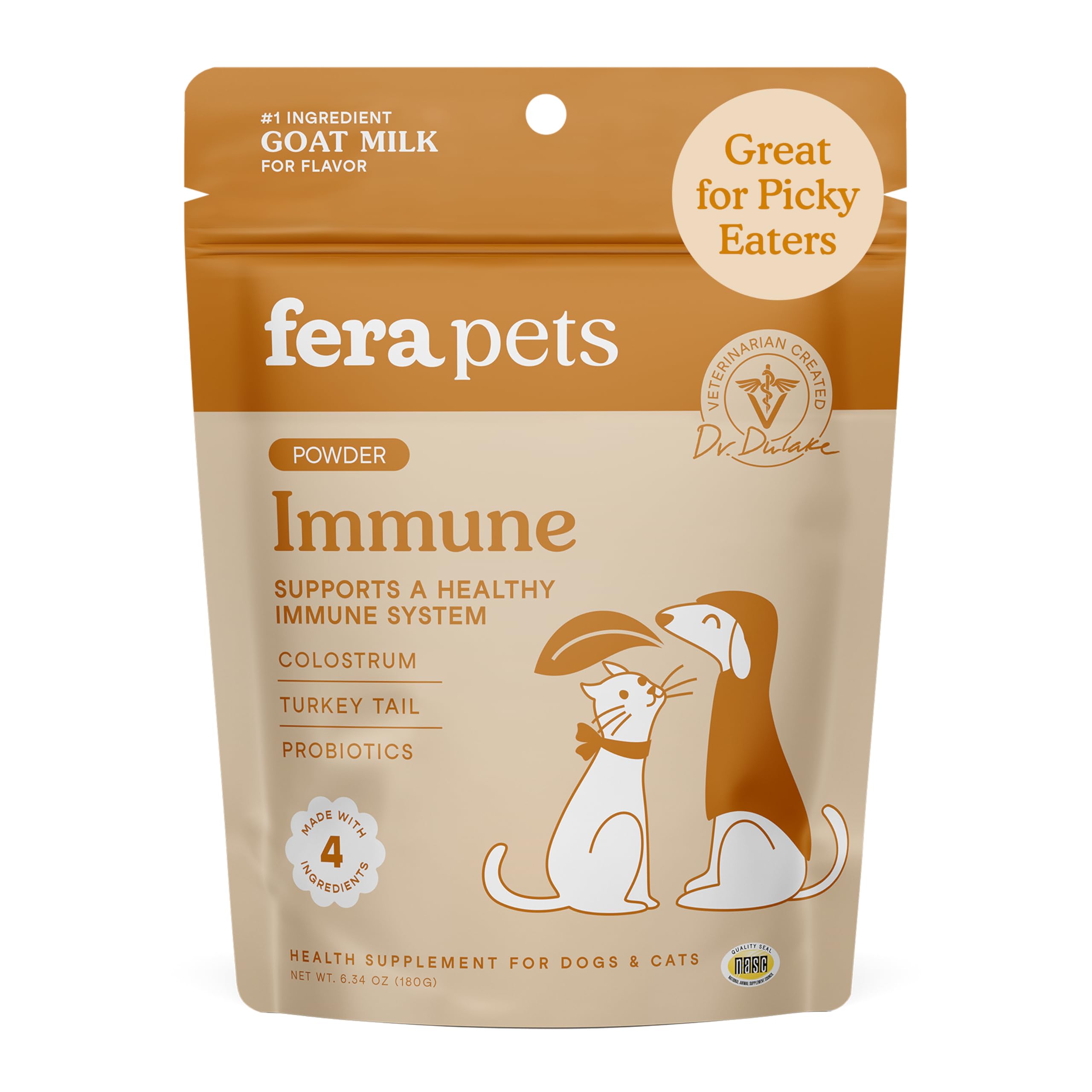 Fera Pets Immune Goat Milk for Dogs & Cats with Colostrum, Organic Turkey Tail Mushroom, & Probiotics - Improves Immune Response - for Picky Eaters - Powder - 60 TSP