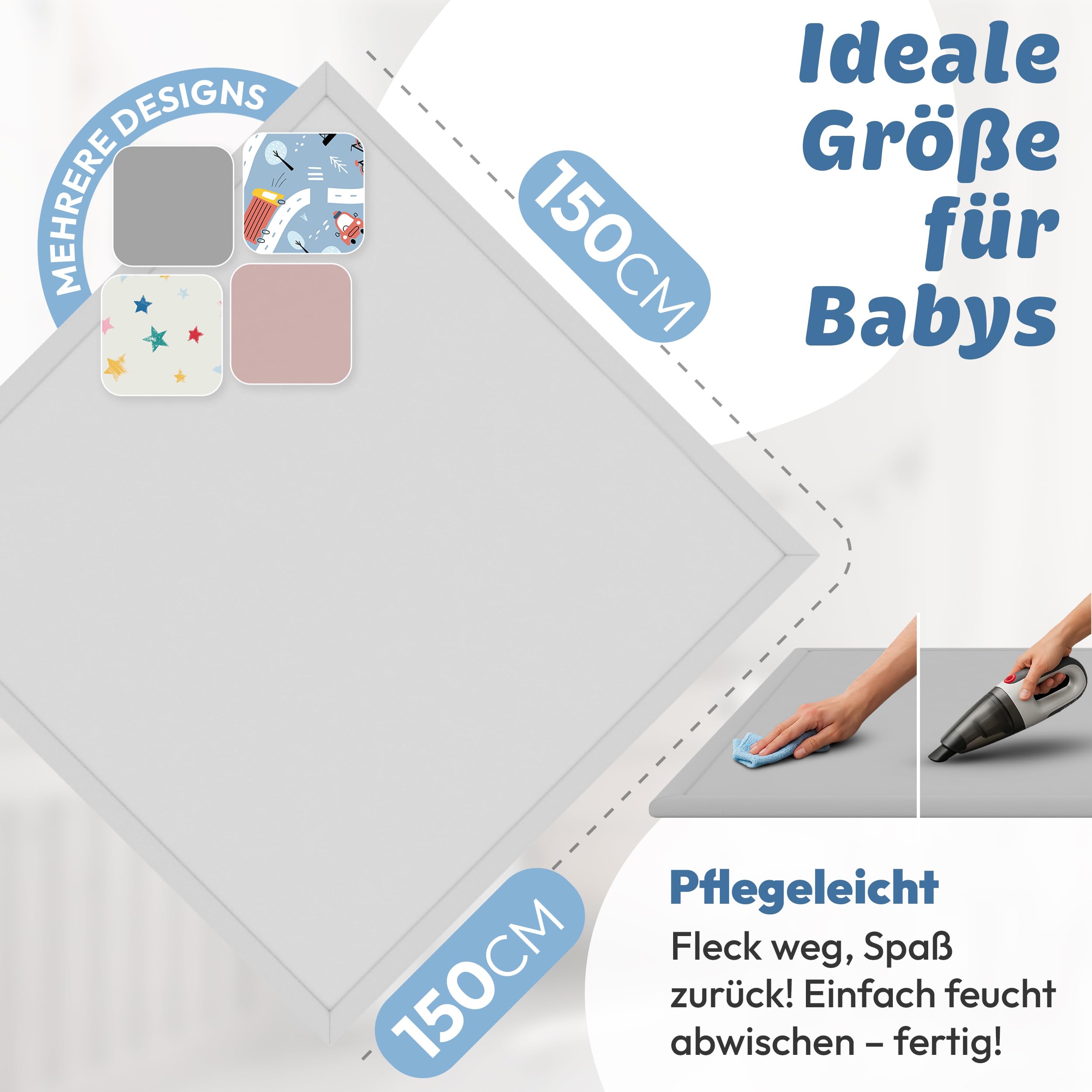 seidenweiche Krabbelmatte Baby Spielmatte Kinder 150x150x3cm grau | 3 cm dick, Premium Memory-Schaum, rutschfeste Unterseite, Geräuschhemmend, sicher und gemütlich fürs Krabbeln und Spielen