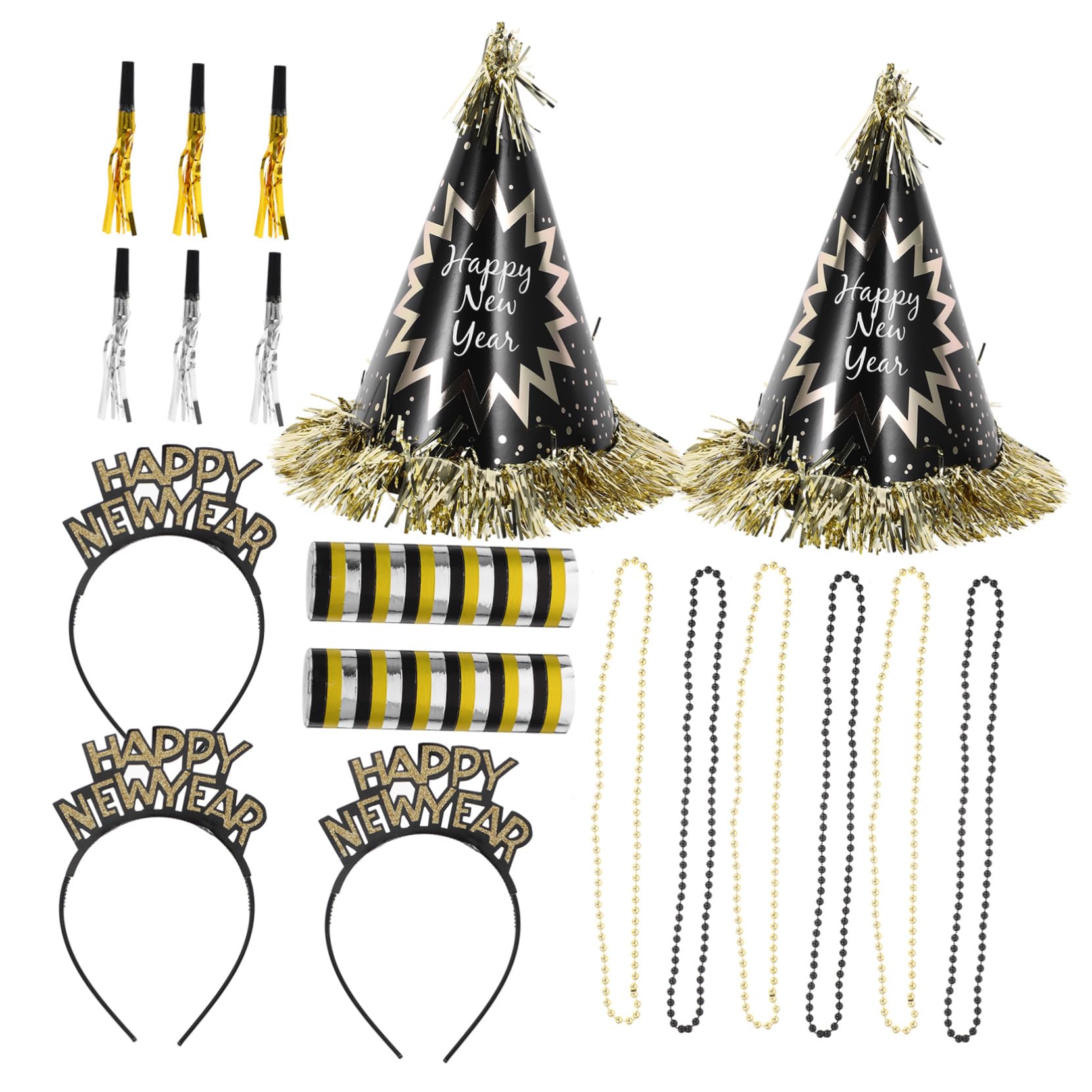 Neujahrs-partyset Beutel mit Schwarzen und Goldfarbenen Partyhüten Krachmachern Perlenketten und Stirnbändern Sichere Materialien Festliche Silvester-deko für Familien und Freunde