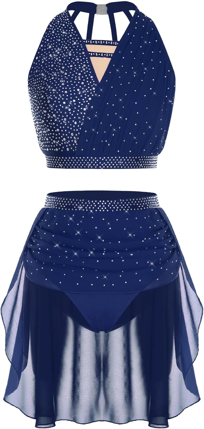 Women Lyrical Dance Dress Shiny Rhinestones Crop Top with Skirted Leotard 2-Piece Modern Dancing Costume