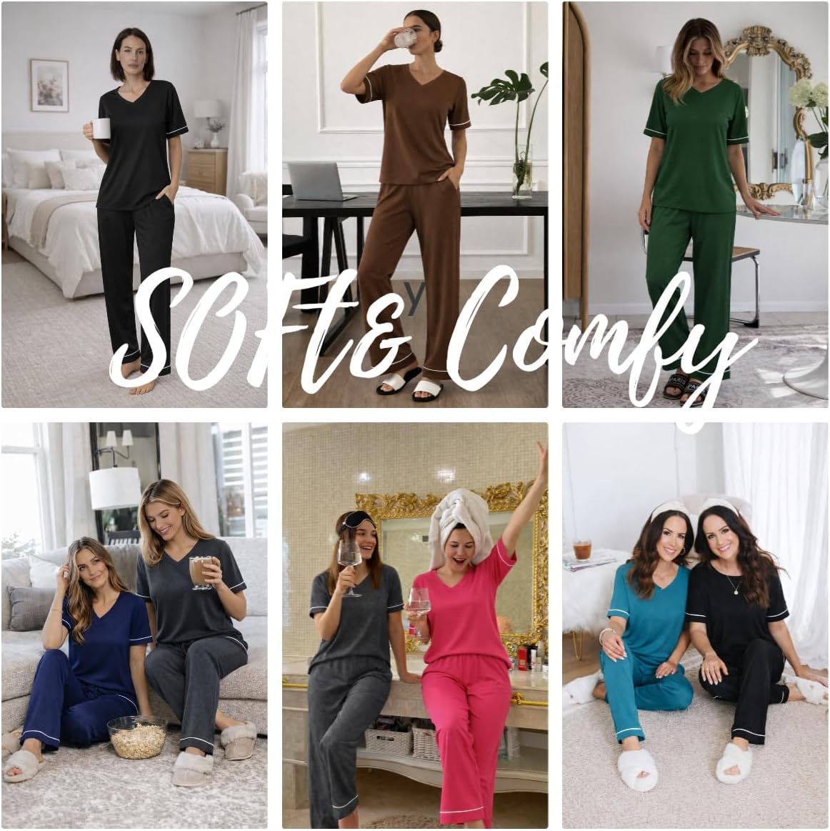 Ekouaer Womens 2 Pack Pajama Set Short & Long Sleeve Pajamas Top and Pants V Neck Pjs Set Soft Loungewear with Pockets - Image 6