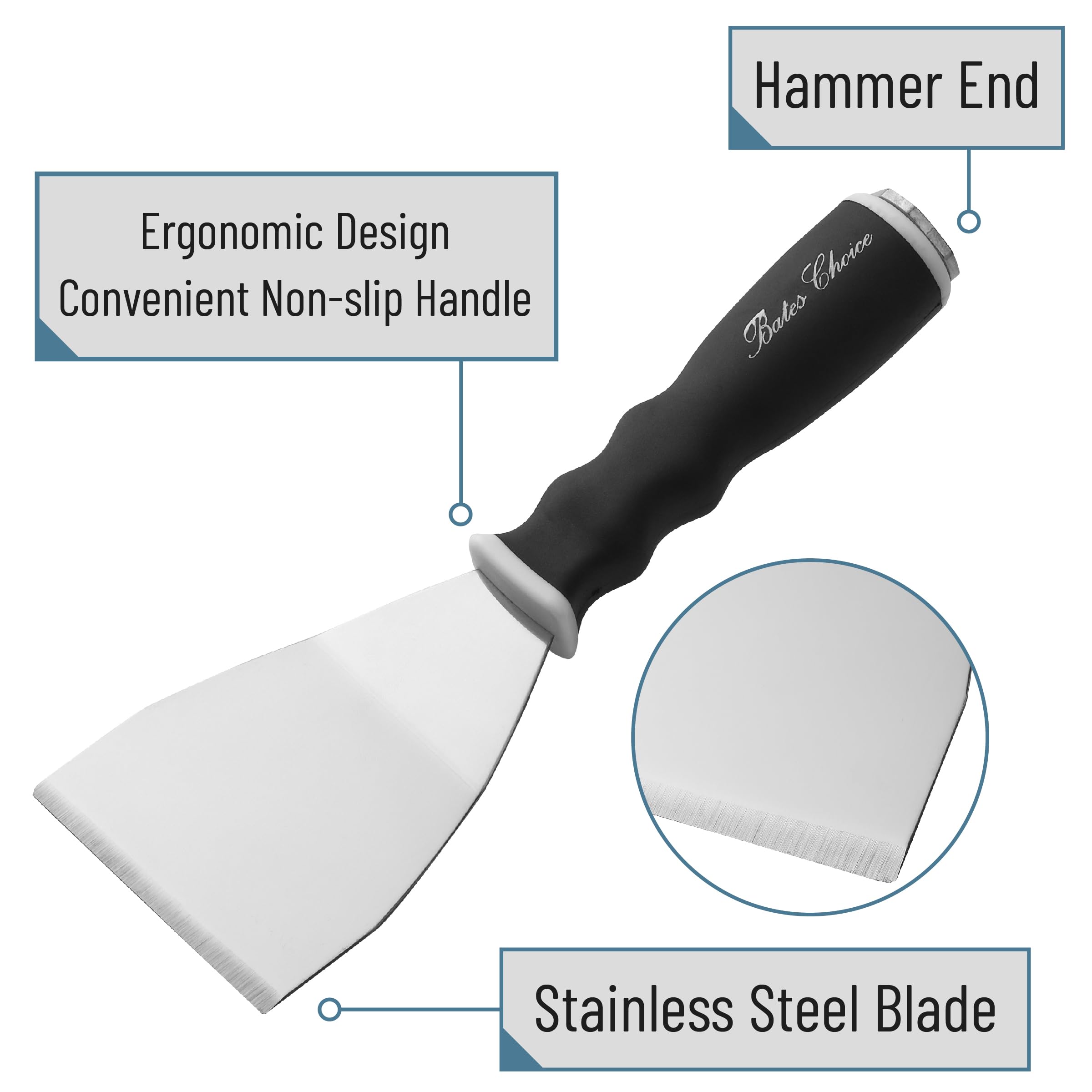 Bates- Bent Scraper, 3", Stainless Steel, Soft Grip & Heavy Duty, Hammer End, Drywall Spackle Knife, Metal Paint Scraper Tool for Wood, Putty Knife Scraper, Wall Scraper, Drywall Knife, Scrappers Tool