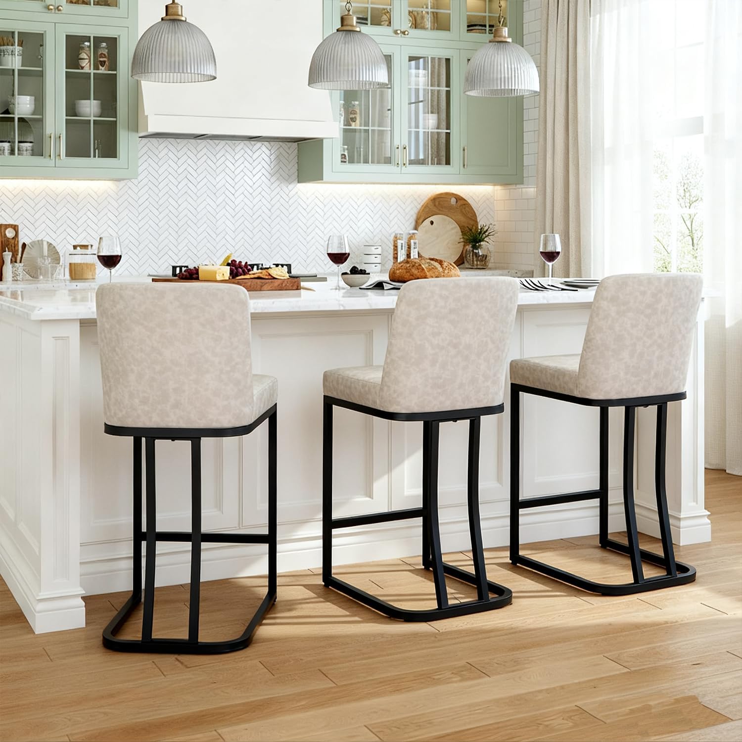 MAISON ARTS Counter Height Bar Stools with Back Set of 3 for Kitchen Counter, 24 Inch Modern Upholstered Faux Leather Barstools Farmhouse Bar Chairs Luxury Island Stools Support 330LBS, Light Grey