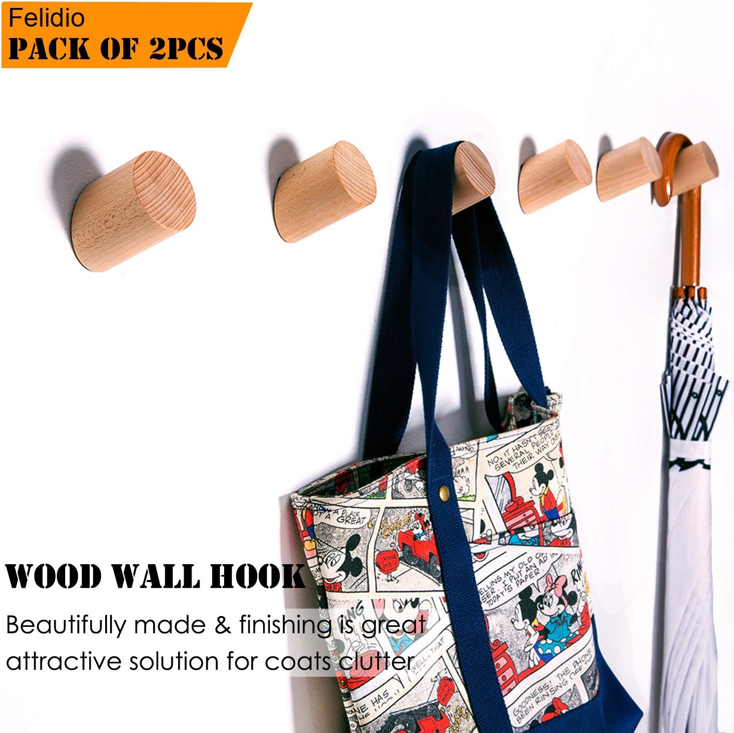 Felidio Wall Hooks, Natural Wood Coat Hooks Wall Mounted (2 Pack) - Rustic Wall Coat Rack Hat Hooks Robe Hook Entryway Wall Hangers Heavy Duty Hooks for Hanging Towels (Beech Wood)