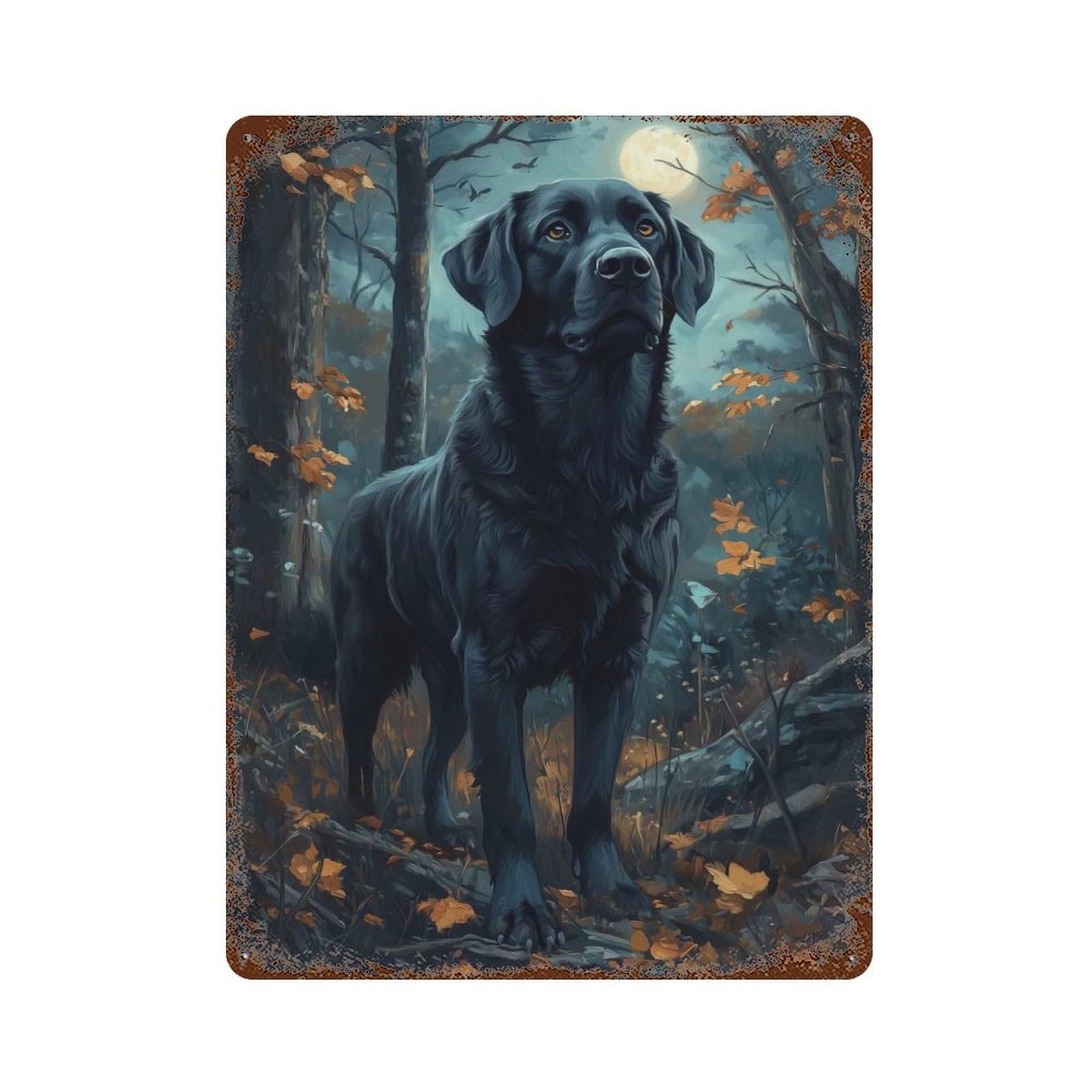 Black Lab in Moonlight Rust Effect Tin Sign 15.7"x11.8", Industrial Home Decor for Bistro, Counter And Cafe Decor
