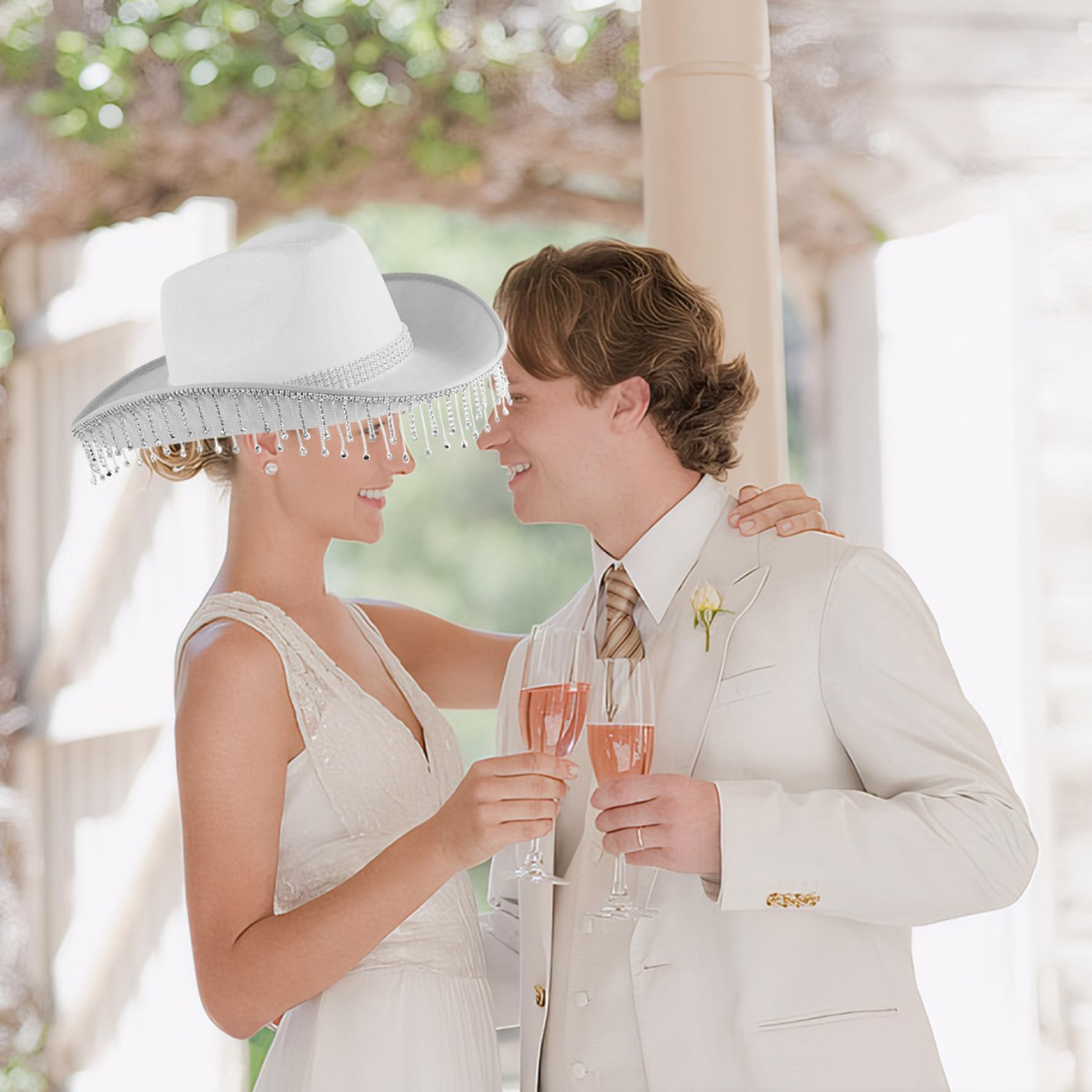 Sombrero de Vaquero Brillo para Mujeres rinate Fringe Novio Novio Gorro de Vaquero Sombrero de Vaquera con Correa de la Barbilla Sombrero de Boda de Vaquera Disco, Blanco