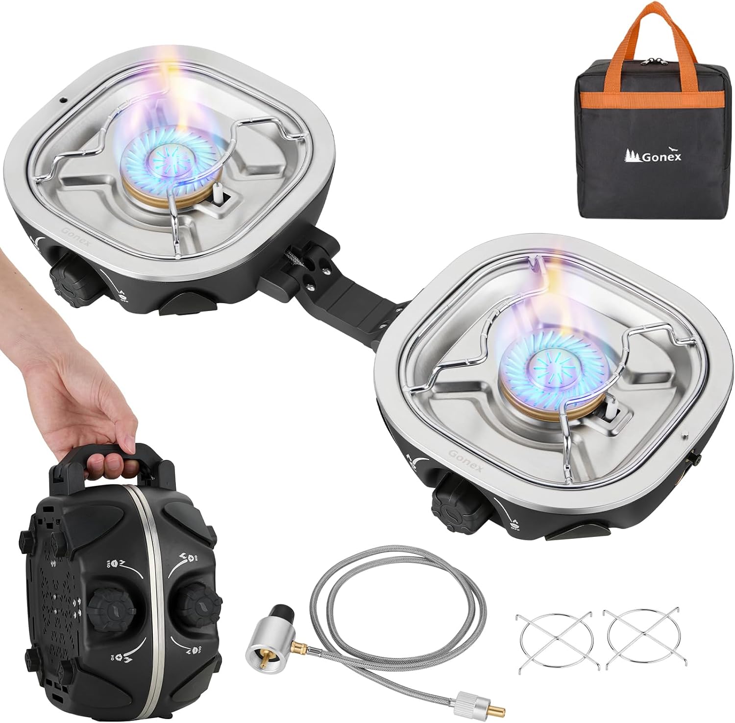 Gonex AeroFlame Dual Burner 20,000 BTUs Propane Camping Stove with Precision Flame Control & Removable Pot Stands, Portable Folding Camp Stove for Camping, Hiking, Patio, BBQ(Black)