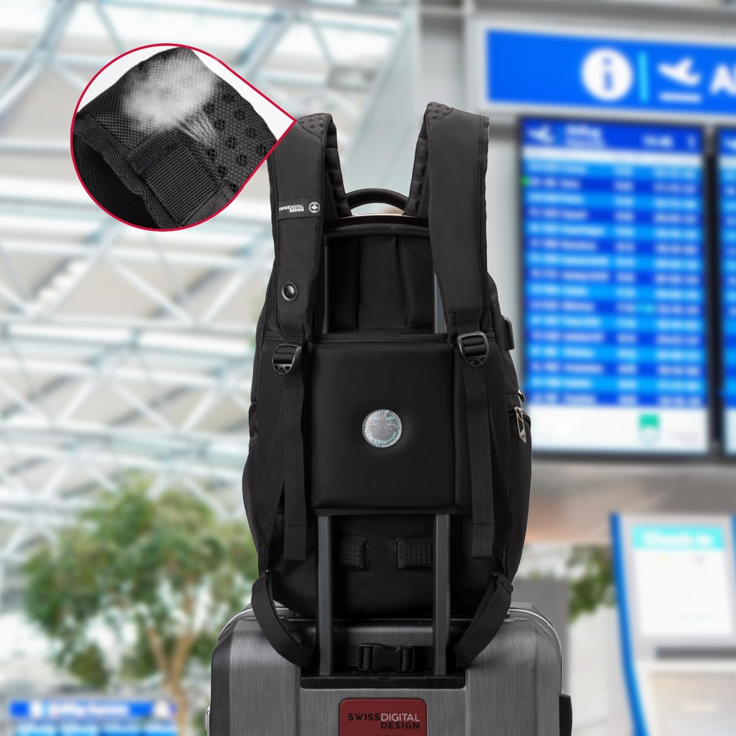 Swissdigital Design Laptop Backpack for Man and Woman, Fits 15.6 Inch Computer Bag with Convenient USB Charging Port and Vibrating Massager Shoulder Straps, Black | SD1003M-V1