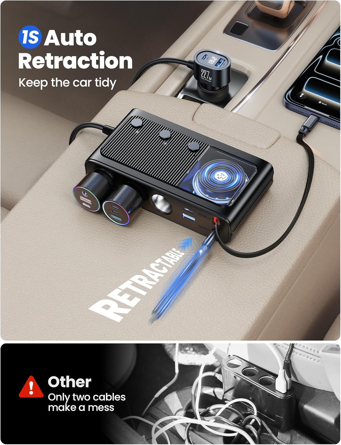 JOYROOM 9 in 1 Cigarette Lighter Splitter, 227W Dual Retractable Car Charger - 45W/24V(36W/12V) USB C Fast Charger for iPhone 17/Samsung, Independent Switches Cigarette Lighter Adapter for Car Devices