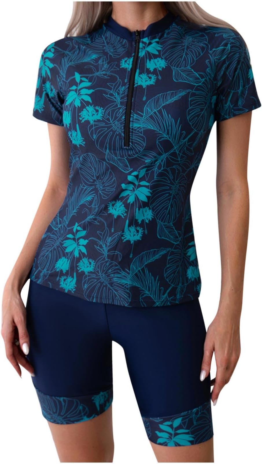 Women Modest Swimwear with Shorts Two Piece Swimsuit Short Sleeve Rash Guard Sets Tummy Control Swimwear Swimming Costume Burkini Hawaiian Leaves Surfing Bathing Suits Ladies UK Sale Clearance