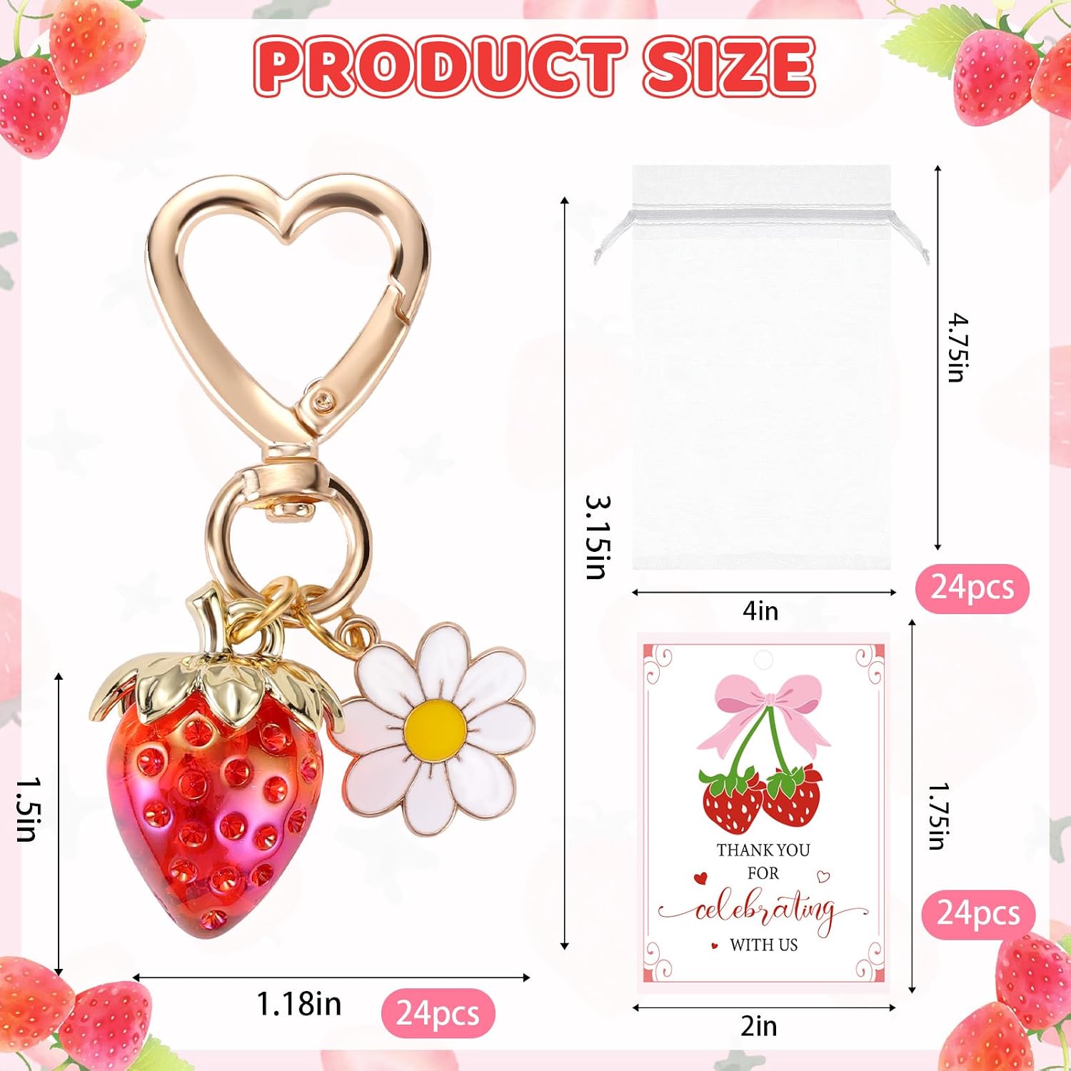 VAIPI 24 Set Strawberry Keychain Party Favors Cute Strawberry Keyring Charms with Thank You Cards for Baby Shower Wedding