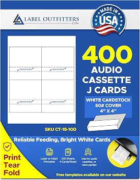 400 Label Outfitters Audio Cassette J-Cards for Insertion in Cassette Tape Cases