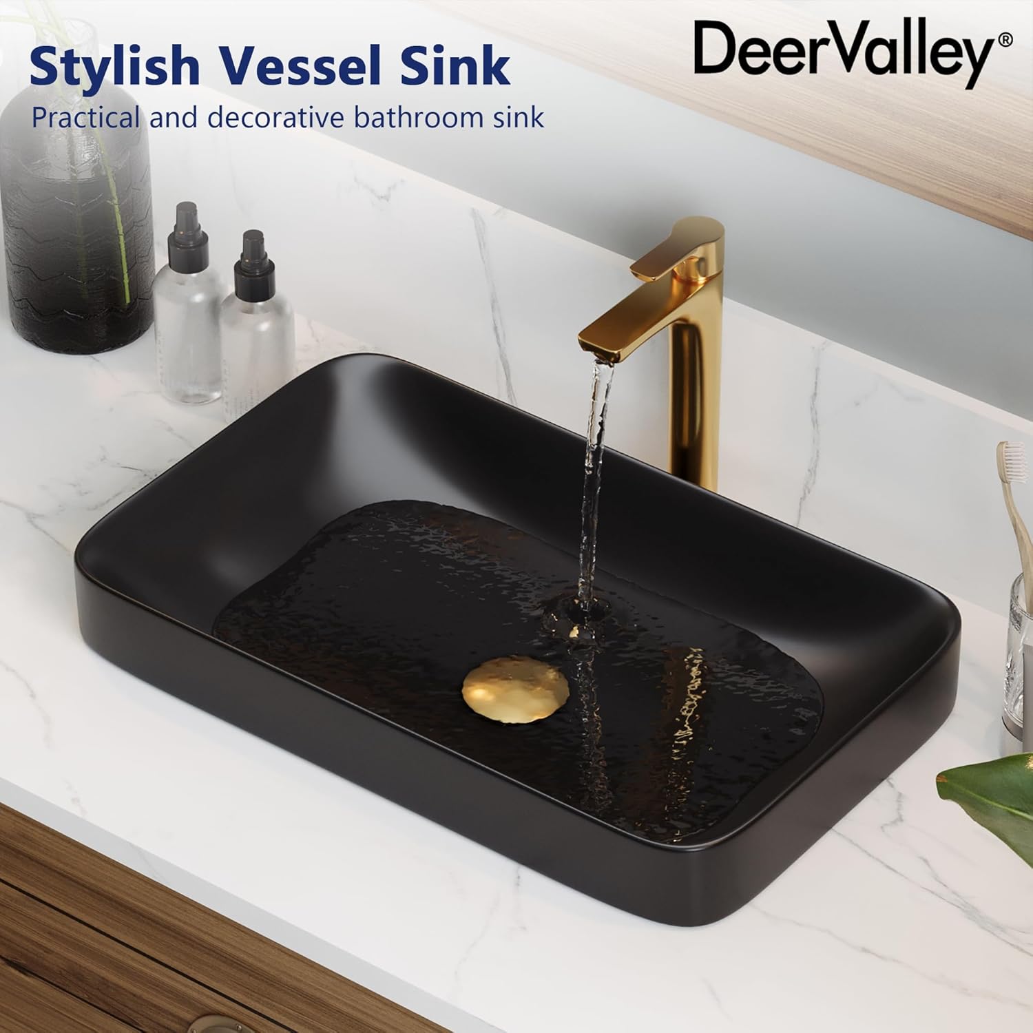 DeerValley Matte Black Semi-Recessed Rectangle Vessel Sink 18.9x11.61 Inch, Above Counter Ceramic Vanity Basin for Modern Bathroom Decor
