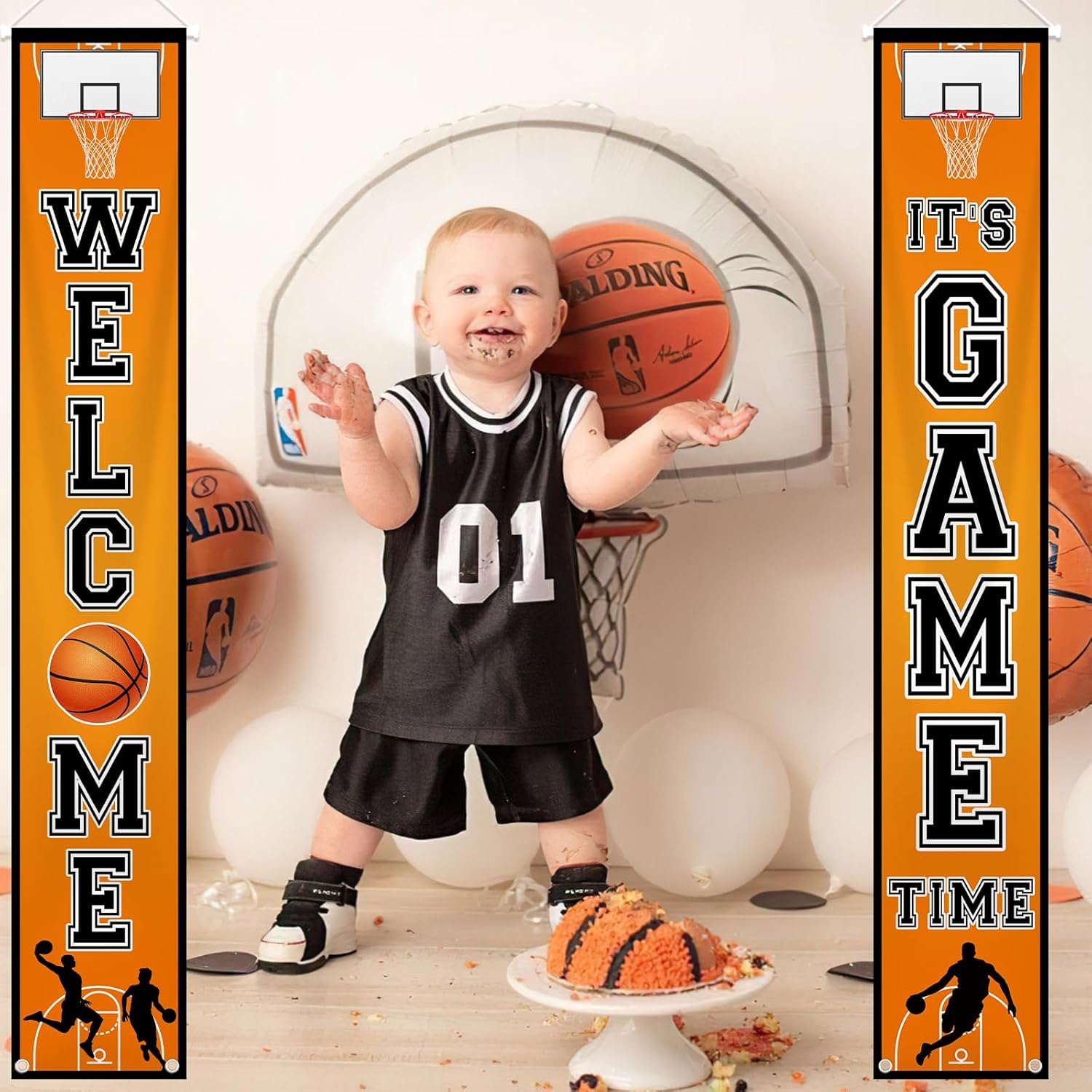 MEHOFOND Basketball Porch Banners Set of 2, Welcome It’s Game Time Door Hanging Banner, Vertical Basketball Porch Sign for Front Door Indoor Outdoor Sports Theme Party Decorations