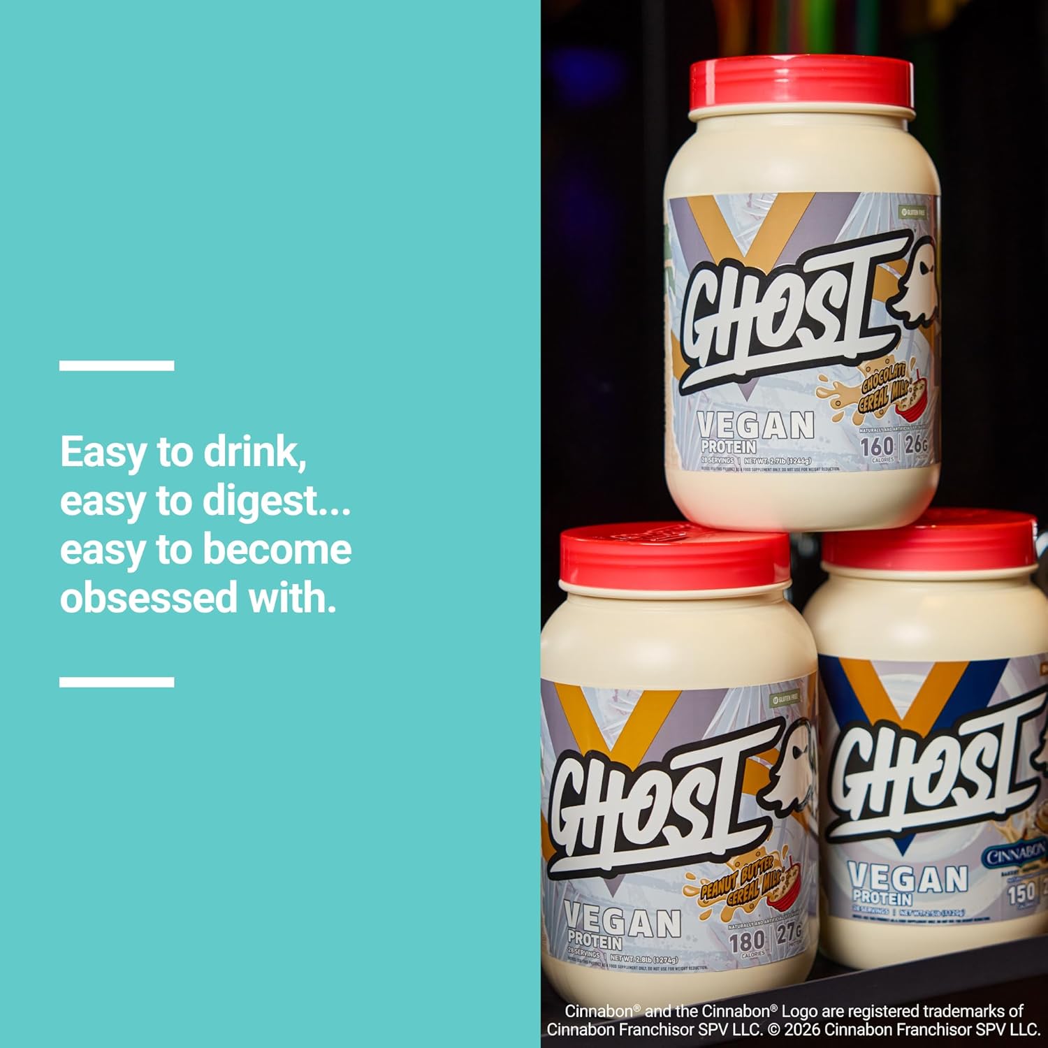 GHOST Vegan V2 Protein Powder, Cinnabon – 2.5LB Tub, 25G of Protein - Plant-Based Pea & Organic Pumpkin Blend Protein with Fiber & Iron ­- Flavored Post Workout Shakes - Soy & Gluten Free
