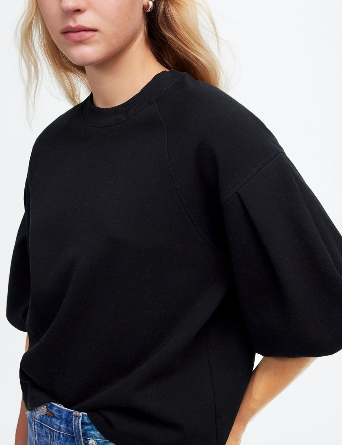 Women Cropped Sweatshirt Tee Puff Short Sleeve Crewneck Pullover Top Solid Casual Summer T-Shirt Blouses - Image 2