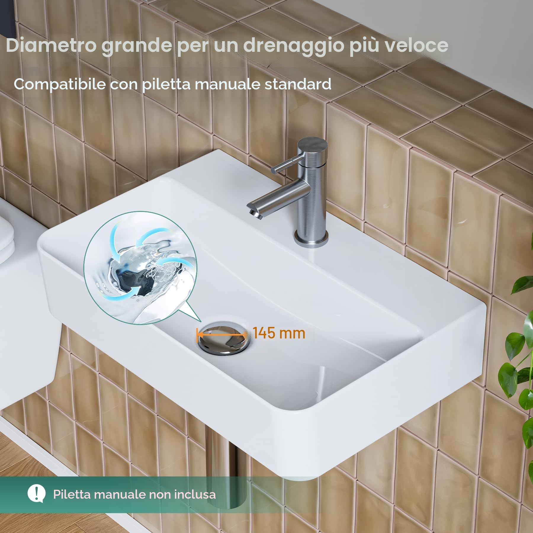 HOROW Lavabo a parete sospeso in ceramica bianco, rettangolare, 46 x 30 cm, lavandino con foro per rubinetto senza troppopieno, piccolo lavandino per ospiti | Lavabo sospeso, rettangolare, con foro per rubinetto senza troppopieno, 46 x 30 cm