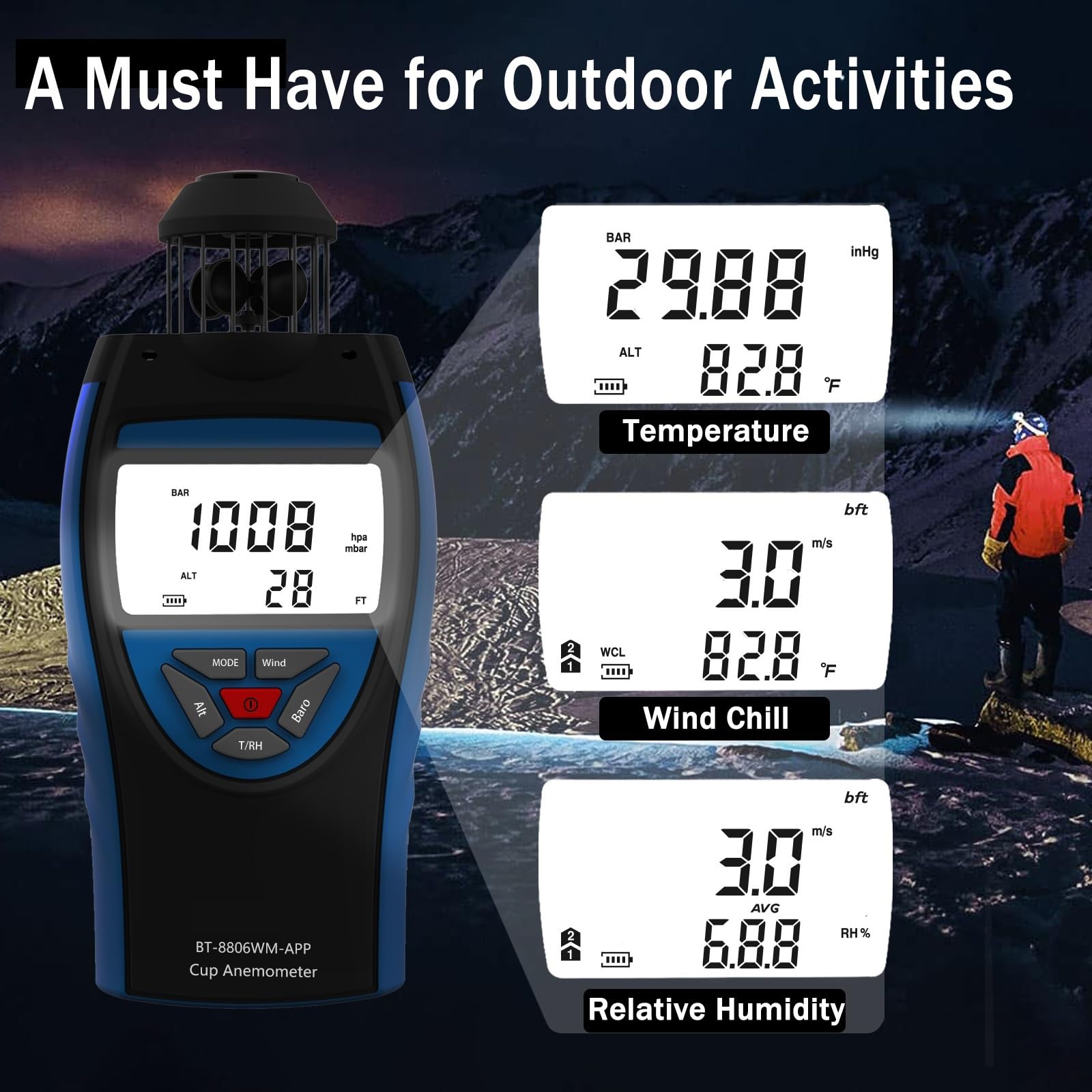 Anemómetro Digital inteligente 8806-WM-APP, medidor de velocidad del viento de 0,3~42 m/s, volumen de aire promedio HVAC, altitud CFM, presión barométrica
