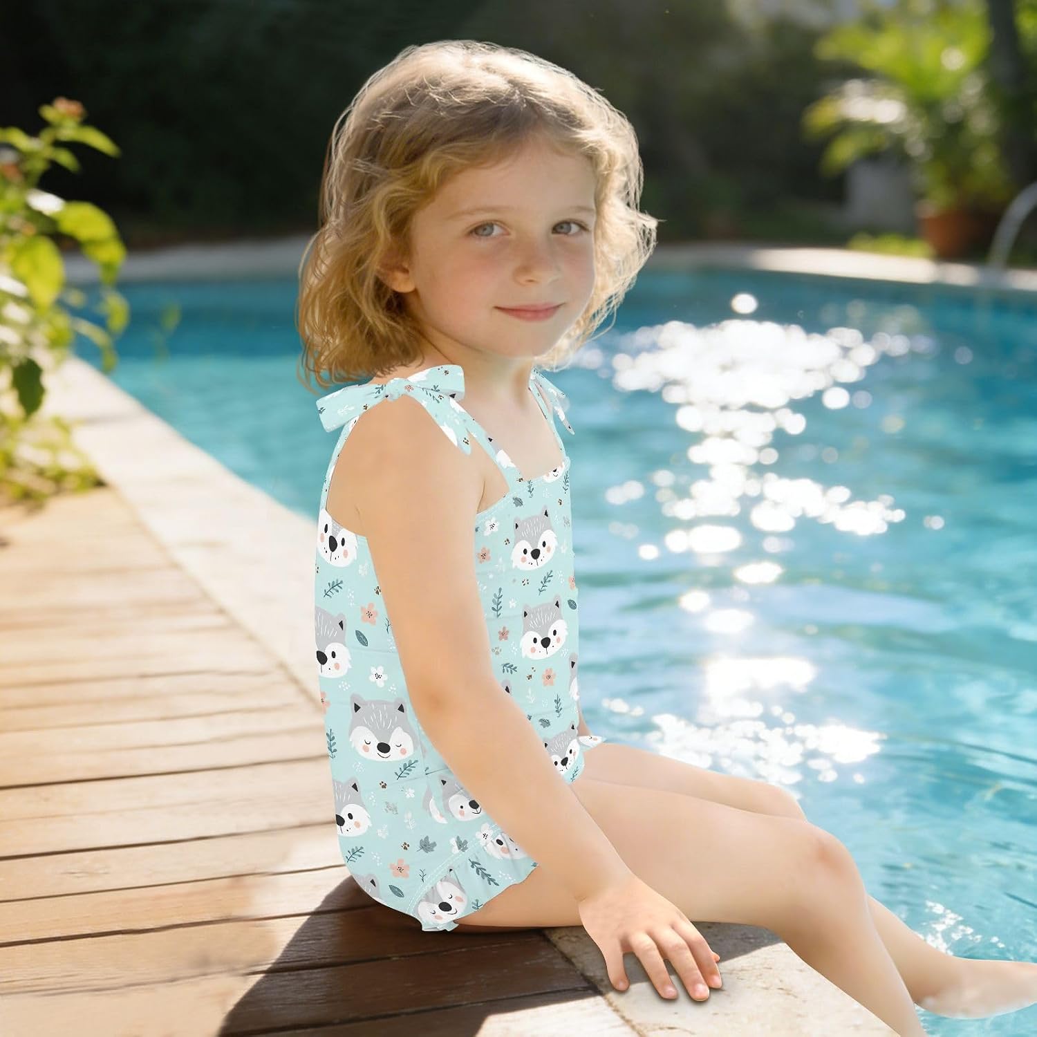 visesunny Toddler Girl Swimsuit Adjustable Strap Swimwear Cute Fuzzy Wolf Floral Bathing Suits for Girls 18M-6Y