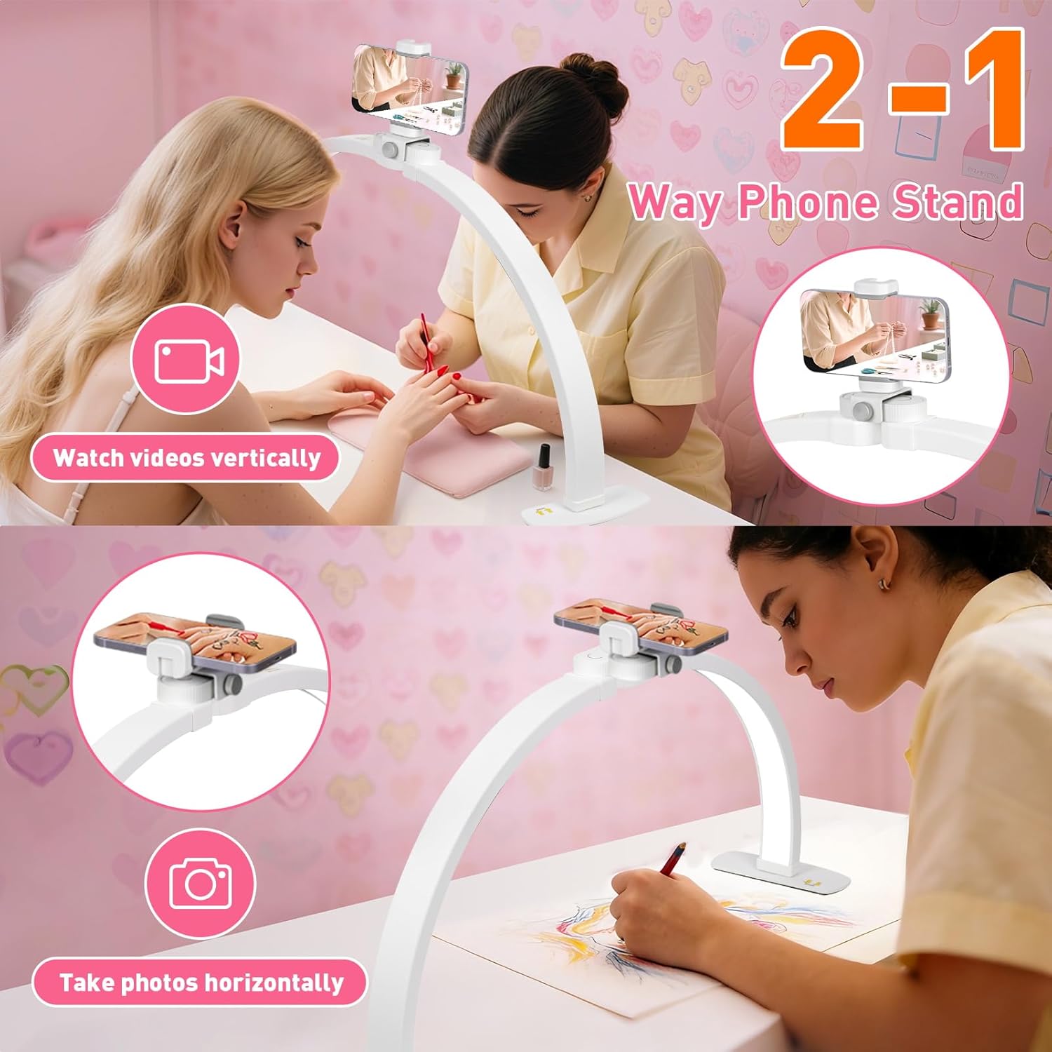 HITTI 29in Half Moon Light for Nail Desk, Foldable, 3 Color Modes & 10 Brightness, Phone Stand, Arch LED Nail Tech Table Lamp for Manicure Salon, Handicraft, Art, Eyelash Extension - White