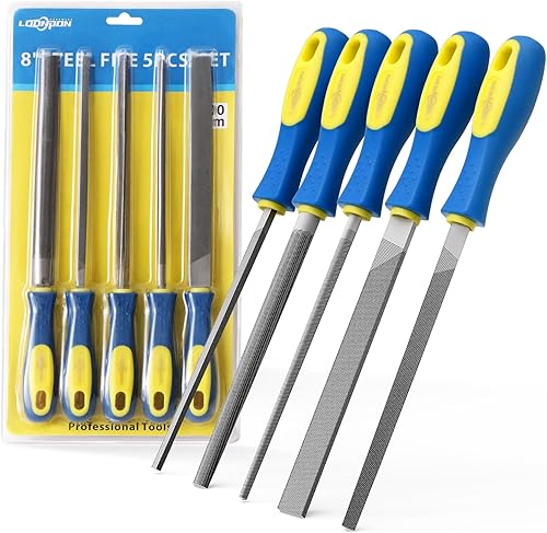 Miniatura 7 de YKLP Juego de limas de agujas (acero al carbono, 5 piezas) de acero de aleación endurecido, el juego incluye lima plana, cuadrada, triangular,