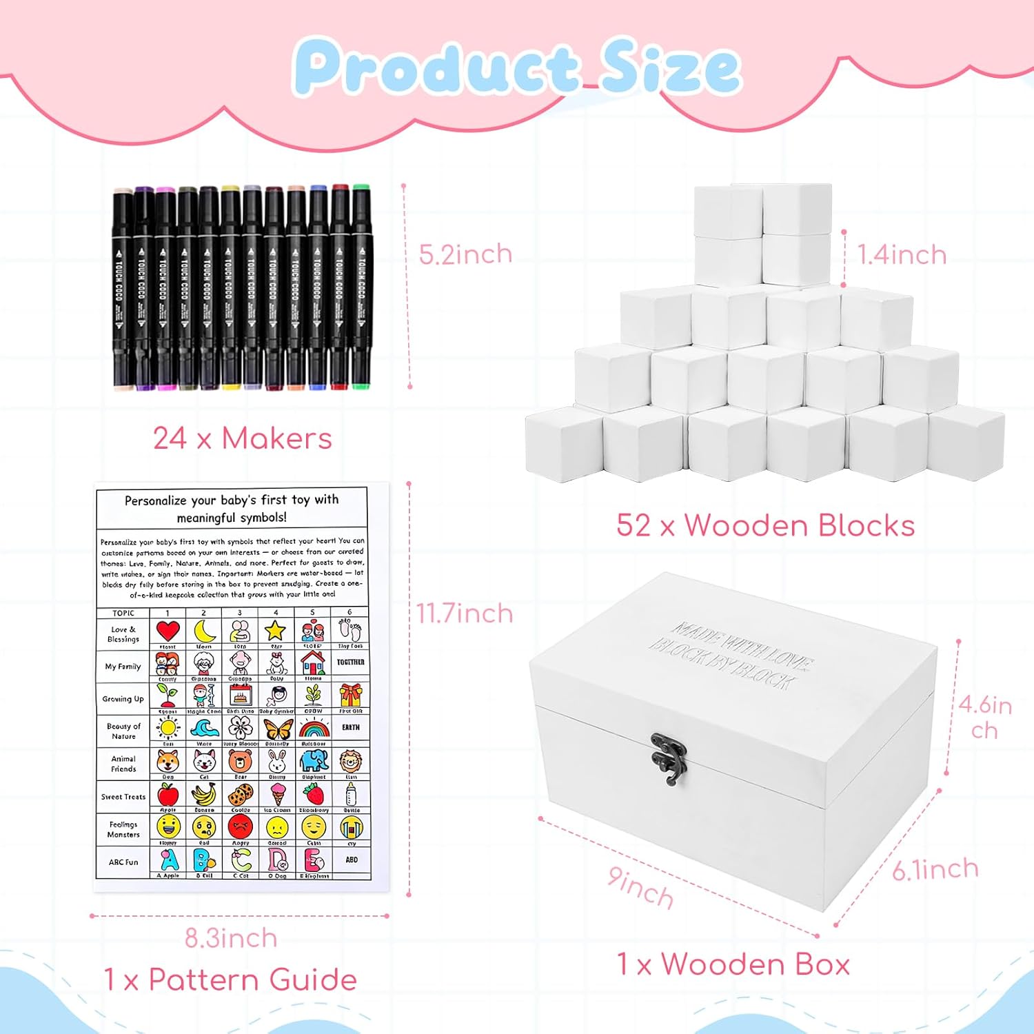 79 PCS Baby Shower Game Kit, Fun Baby Shower Blocks Decorating Game Includes 52 Wooden Blocks, 24 Markers, 1 Game Sign, 1 Storage Box and 1 Pattern Guide, Suitable for Boys and Girls, White