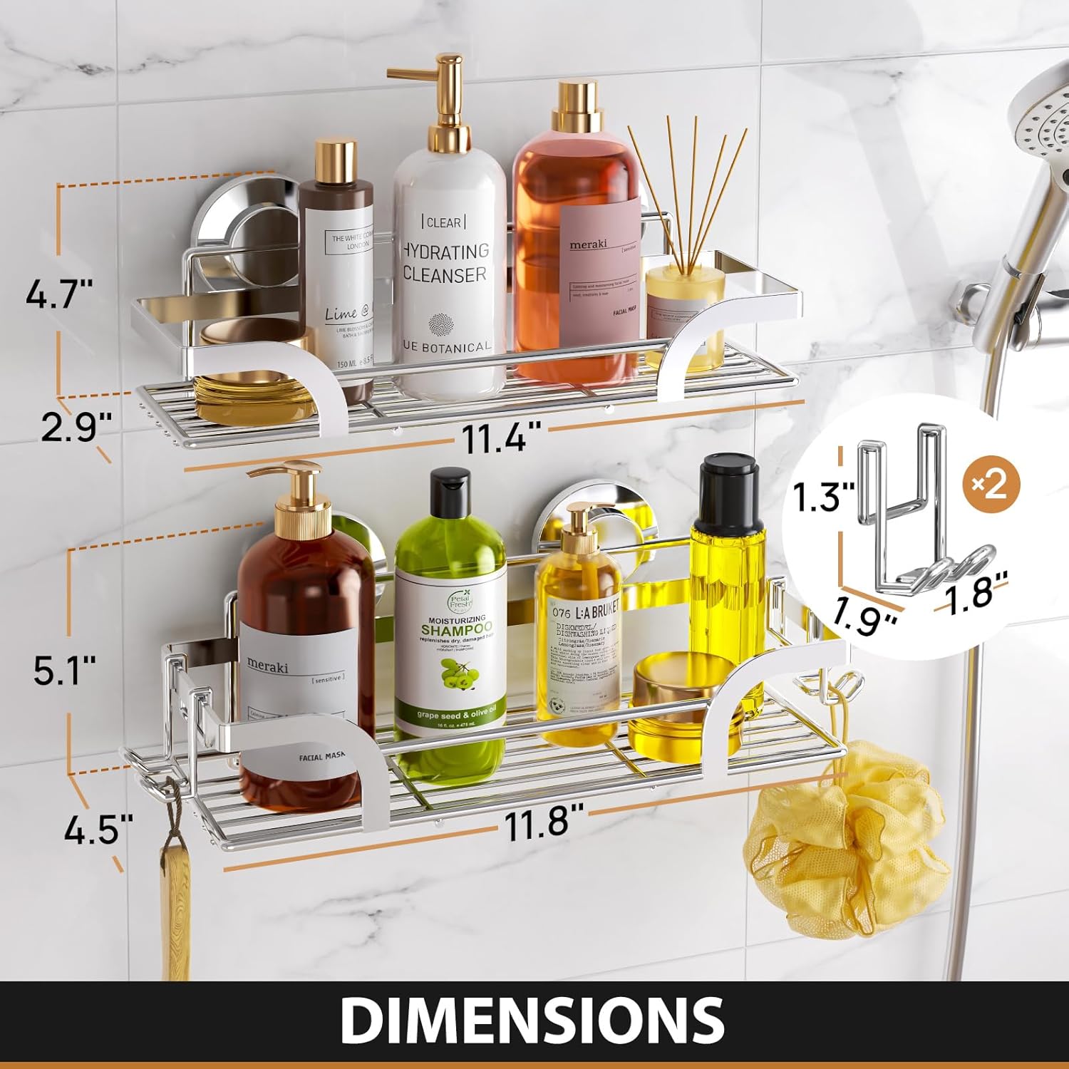 LEVERLOC 2 Pack Shower Caddy Suction Cup, Shower Shelves for Inside, Rustproof Metal Bathroom Storage NO-Drilling Bath Organizer with Large Capacity,Heavy Duty Storage Basket,Home Decor,Silver