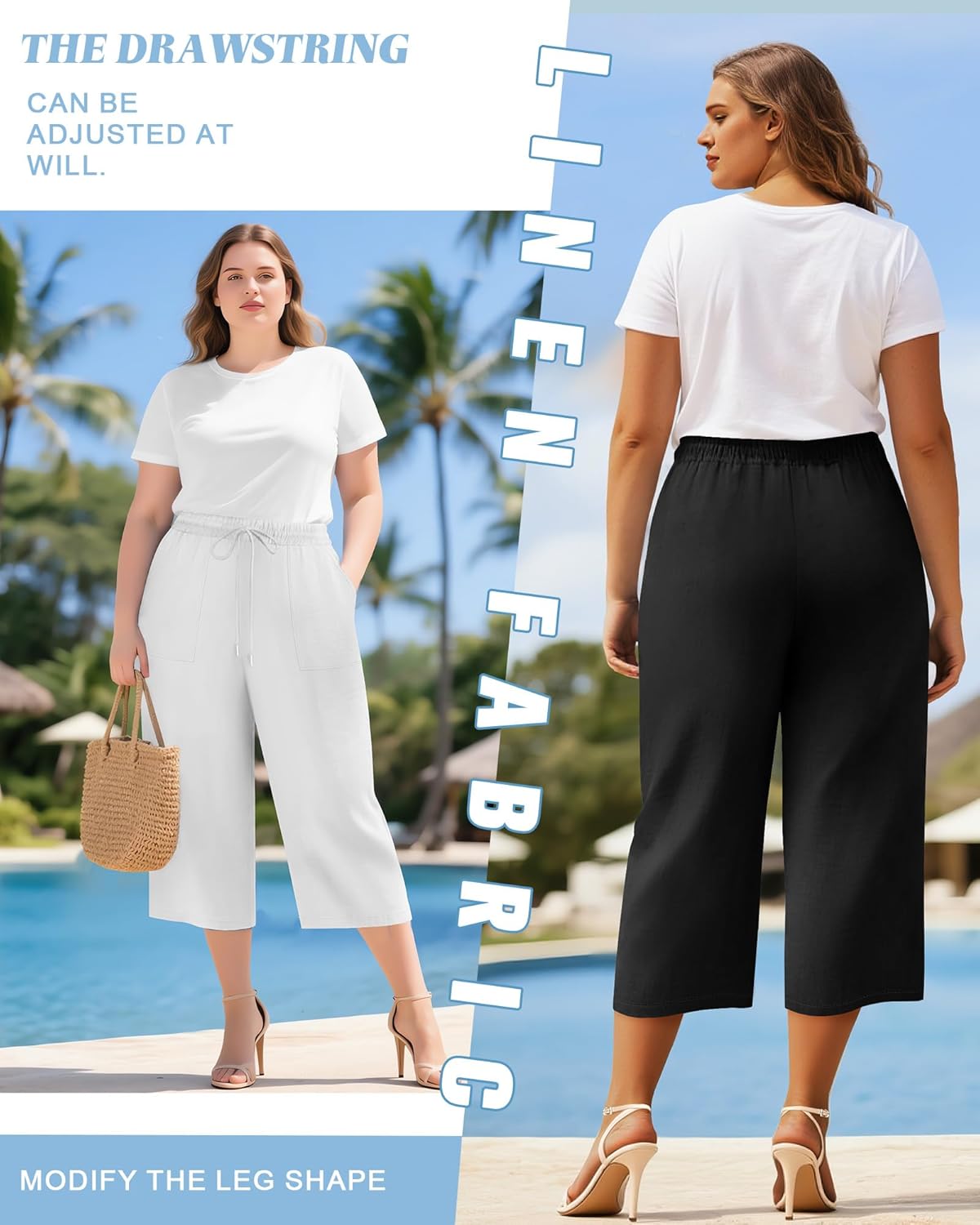 Riyiper 2 Pack Women's Plus Size Cotton Linen Blend Capri Pants, Wide Leg High Waist Casual Drawstring Trouser with Pockets