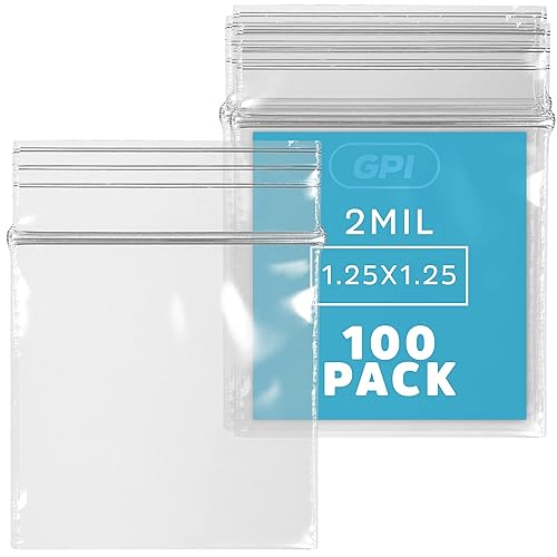 1.25 x 1.25 pulgadas, bolsas transparentes con cierre de 2.5 mil, caja de 100 GPI Brand