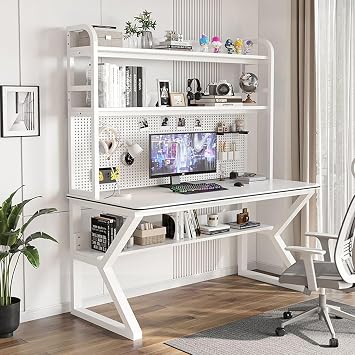 Gaming Desk with Hatch & Bookshelf Combo - White Home Office Computer Desk with Pegboard for Study Room & Workspace 80x60x170cm Modern Design Space Saving Solution