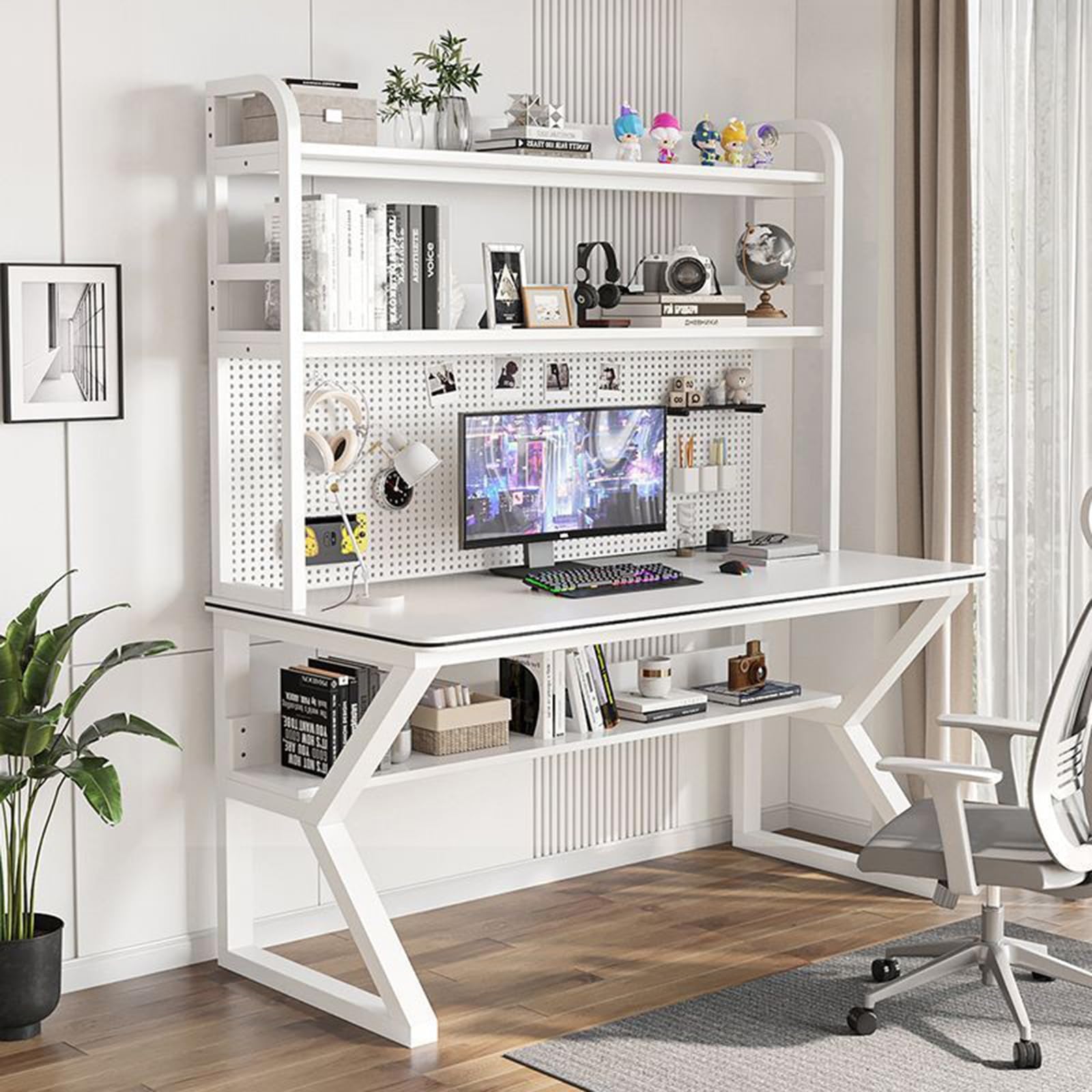 Generico Scrivania da Gaming con libreria Integrata - Scrivania per Computer da Ufficio Domestico con libreria e Pannello Forato incorporati, Ideale per Giocare, studiare e organizzare Lo Spazio di l