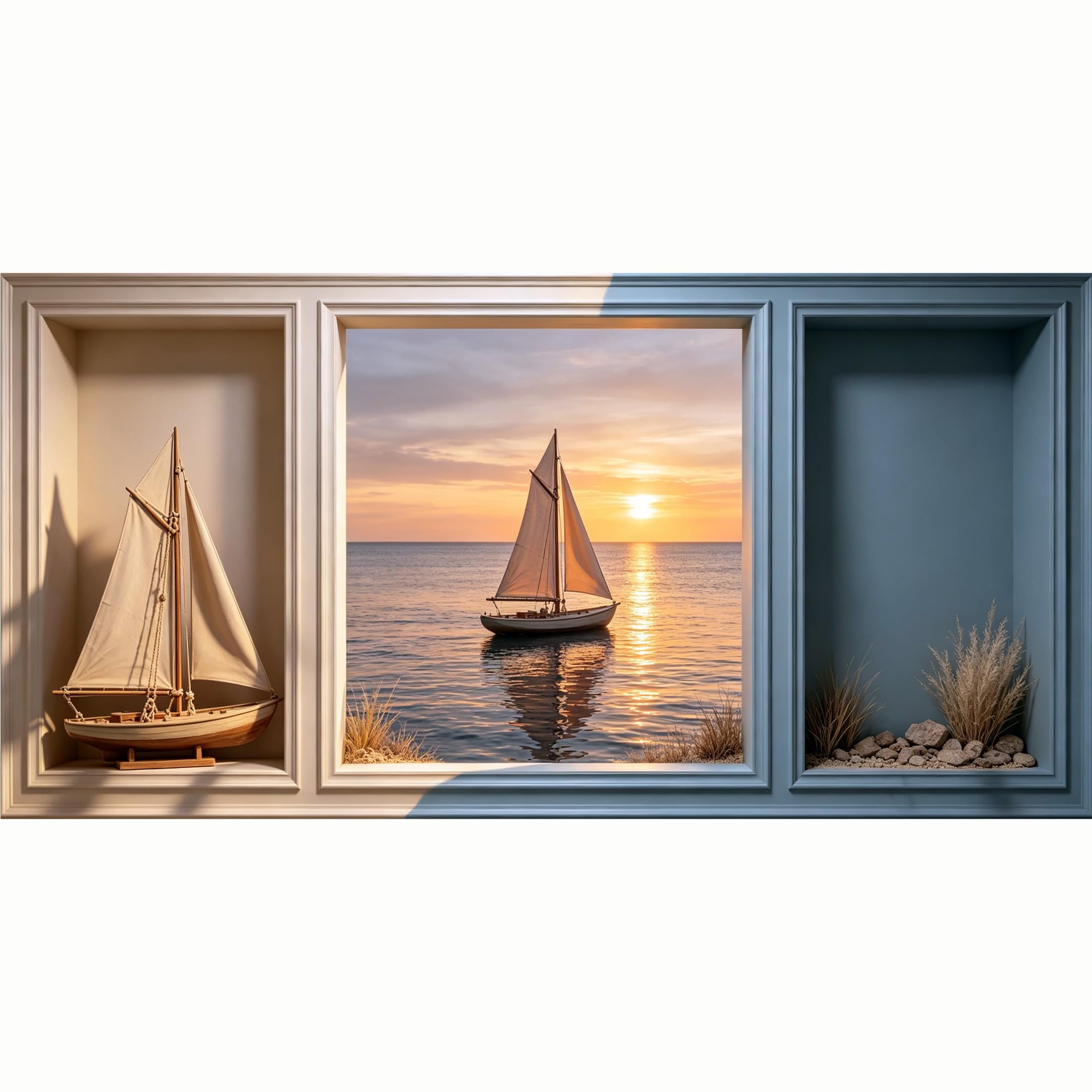 QZLITHOTIC 50x100cm 3D Framed Wall Art， Coastal Sunset Sailboat Trompe l'oeil Mural， WaterActivated Peel & Stick Fabric Decor Wall Decal for Bedroom Living Room