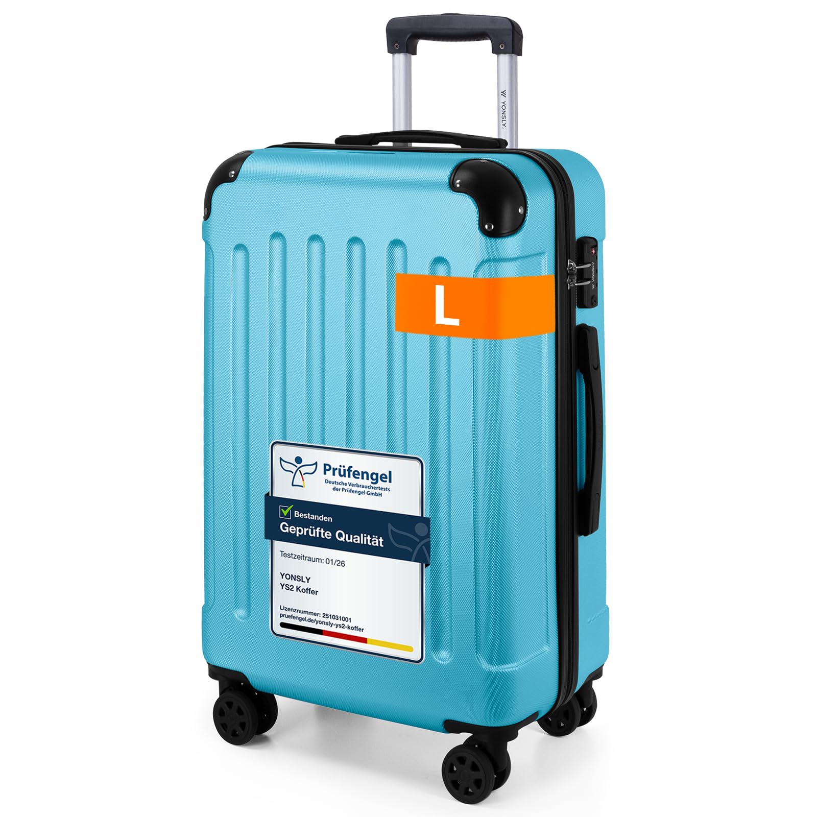 YONSLY Gepäck Reisekoffer, Trolley Rollkoffer Handgepäck, Hartschalenreisekoffer mit 360° Lenkrollen, Zahlenschloss, Mehrstufiger Teleskopgriff