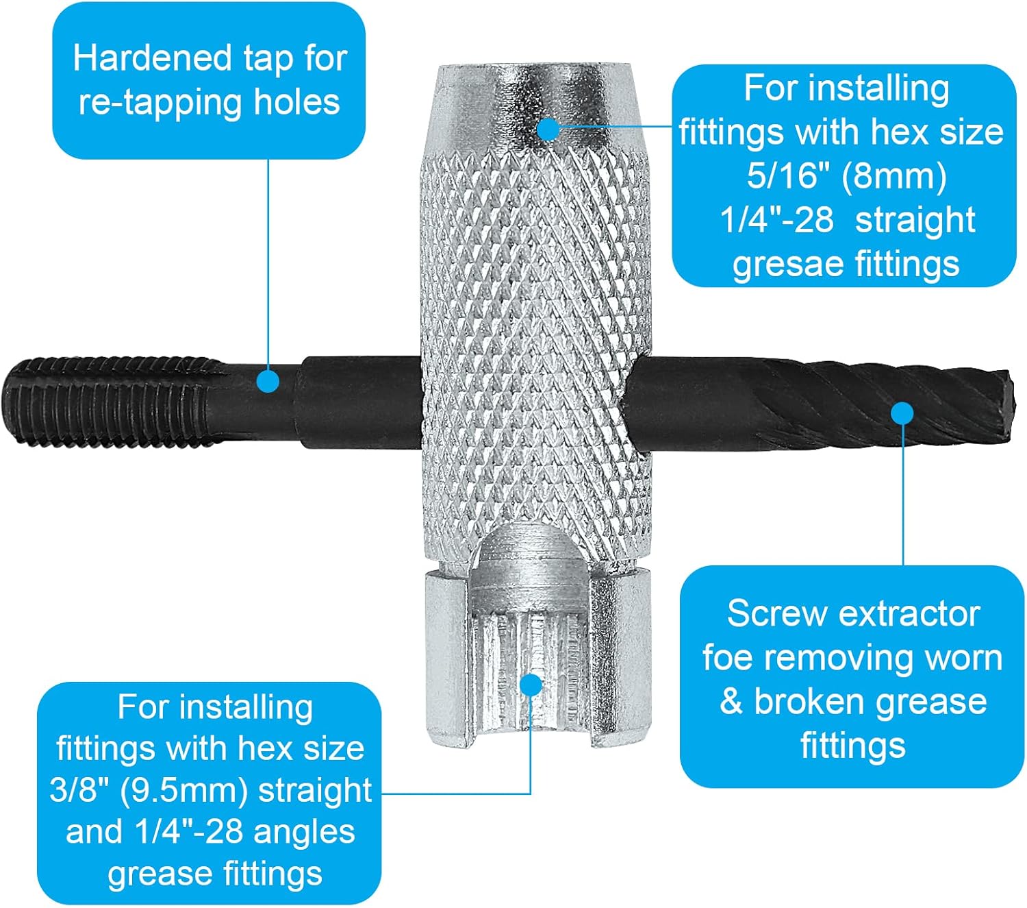 NOVINO Grease Fitting Tool Kit- 2PCS Zerk Removal & Cleaning Tool, 80PCS Grease Zerk Fitting W/Hex Size 3/8" 5/16" 7/16" 1/4" 1/8" 90° SAE Metric,60PCS Cap,Fits 1/4"-28 SAE,1/8"-NPT,M10x1 M8x1