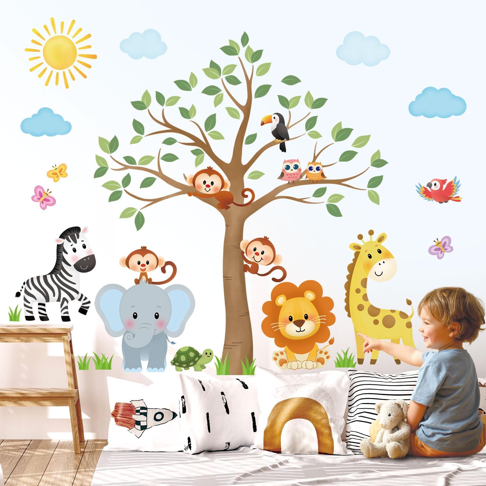 Amazon.com: LOMILY Jungle Animals Tree Wall Stickers for Kid Bedroom ...