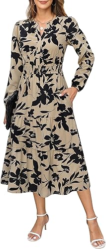 Maggeer Womens Spring Winter Midi Floral Wedding Guest Dress Ladies Church Smock