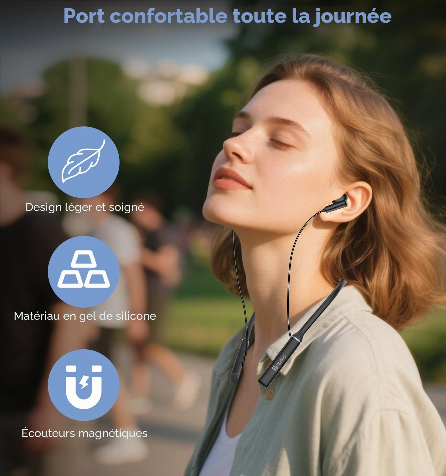 Hmusic Casque Tour de Cou Bluetooth sans Fil, OTG-USB Charging | 35H d'autonomie, 3 Equalizer Modes, Écouteurs magnétiques, Intra-Auriculaires pour Sport/Course/Jeux, Noir