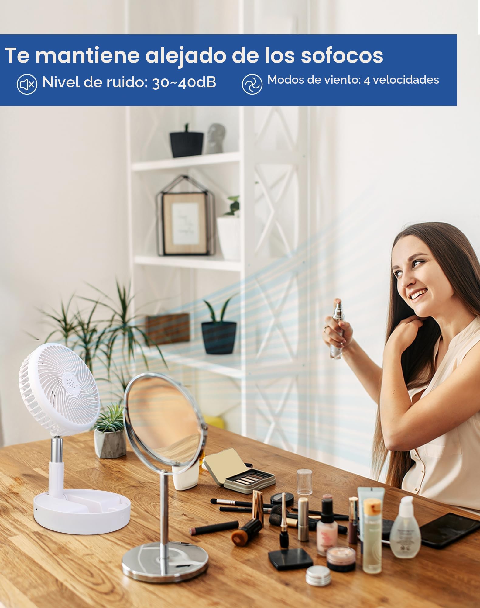 Primevolve Ventilador de Pie Portátil con Remoto, Sin Oscilación y Dirección Fija - 8'' Plegable Suelo/Mesa, 7200mAh USB-C para Viajes y Camping, Silencioso para Dormitorio u Oficina - Blanco
