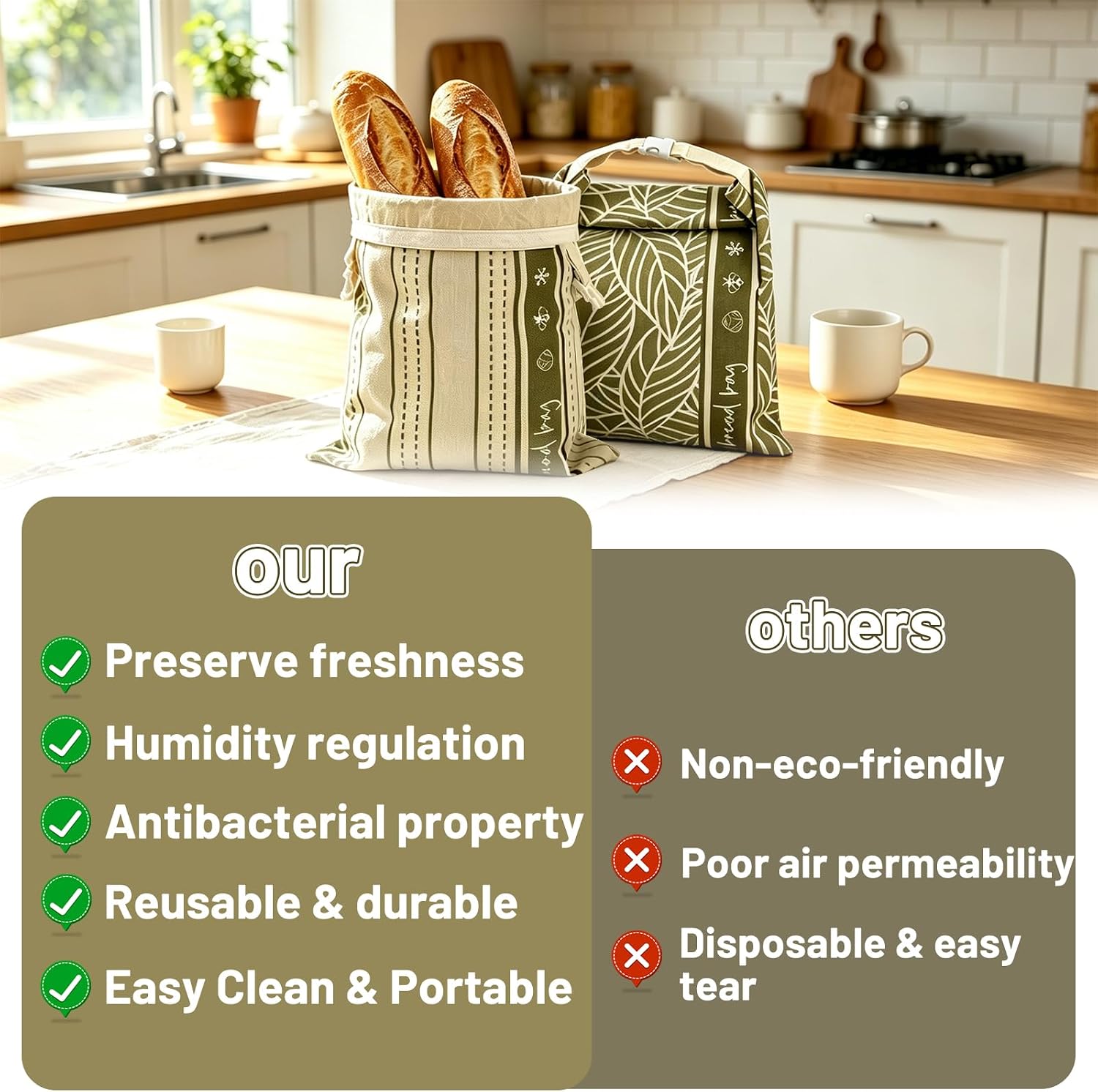 2Pk Reusable Bees Wax Bread Bag - 100% Organic Beeswax Lining & Linen Cotton Outer - XL Foldable Bread Bags for Homemade Bread sourdough, Extra Cleaning Sponge (Antique Foliage & Stripe)
