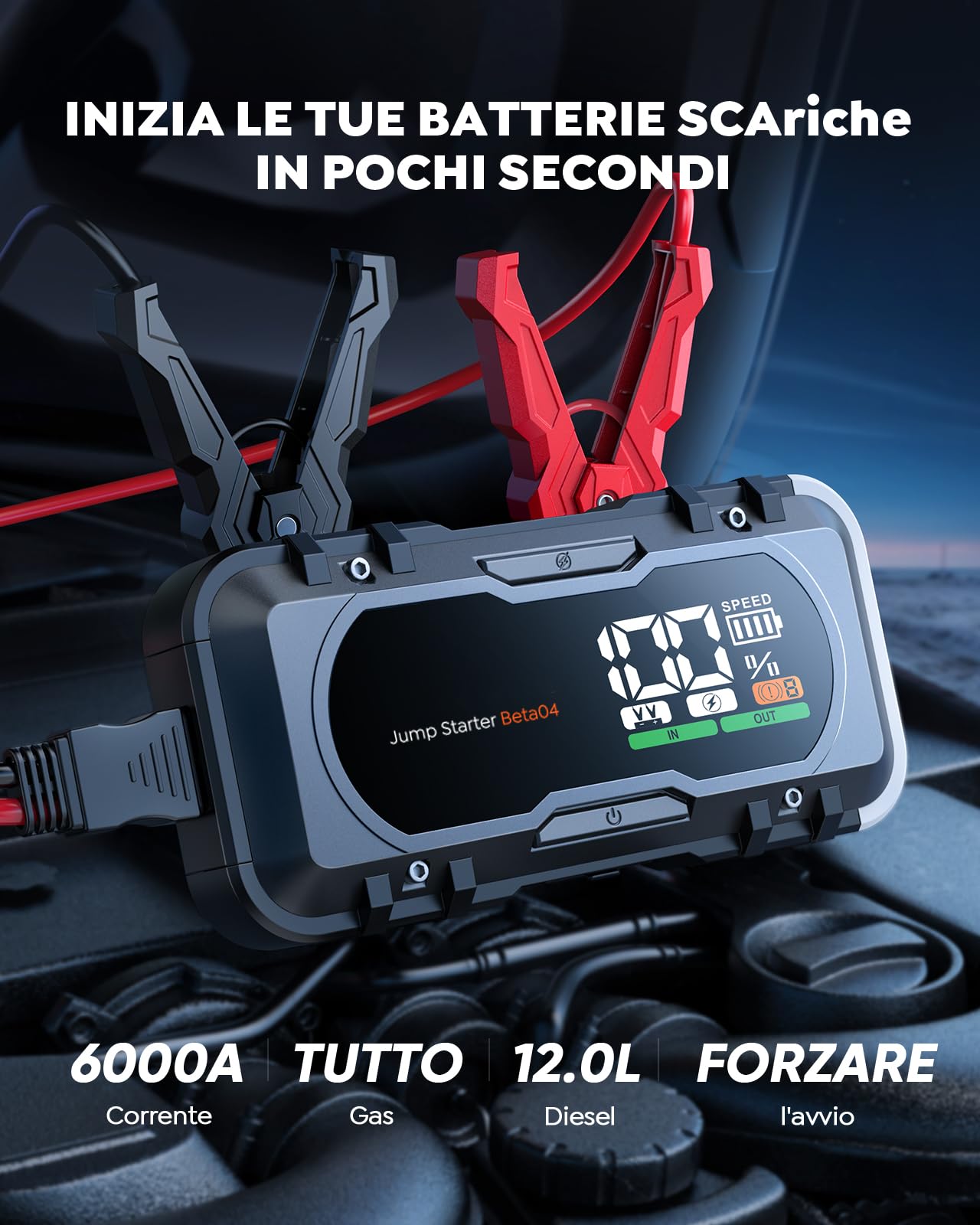 Booster Avviamento Auto, 6000A Avviatore Emergenza per Auto, 65W Ricarica rapida, Starter Batteria Auto Portatile con Cavi Batteria Auto Estesi, Tutto Gas/12.0L Diesel, 600 Lumens Luce