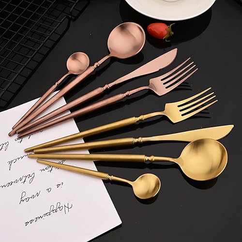 Miniatura 30 de JASHII Juego de cubiertos único de 16 piezas, acero inoxidable 304, acabado mate, juego de cubiertos vintage con mango vintage, cuchillo tenedor