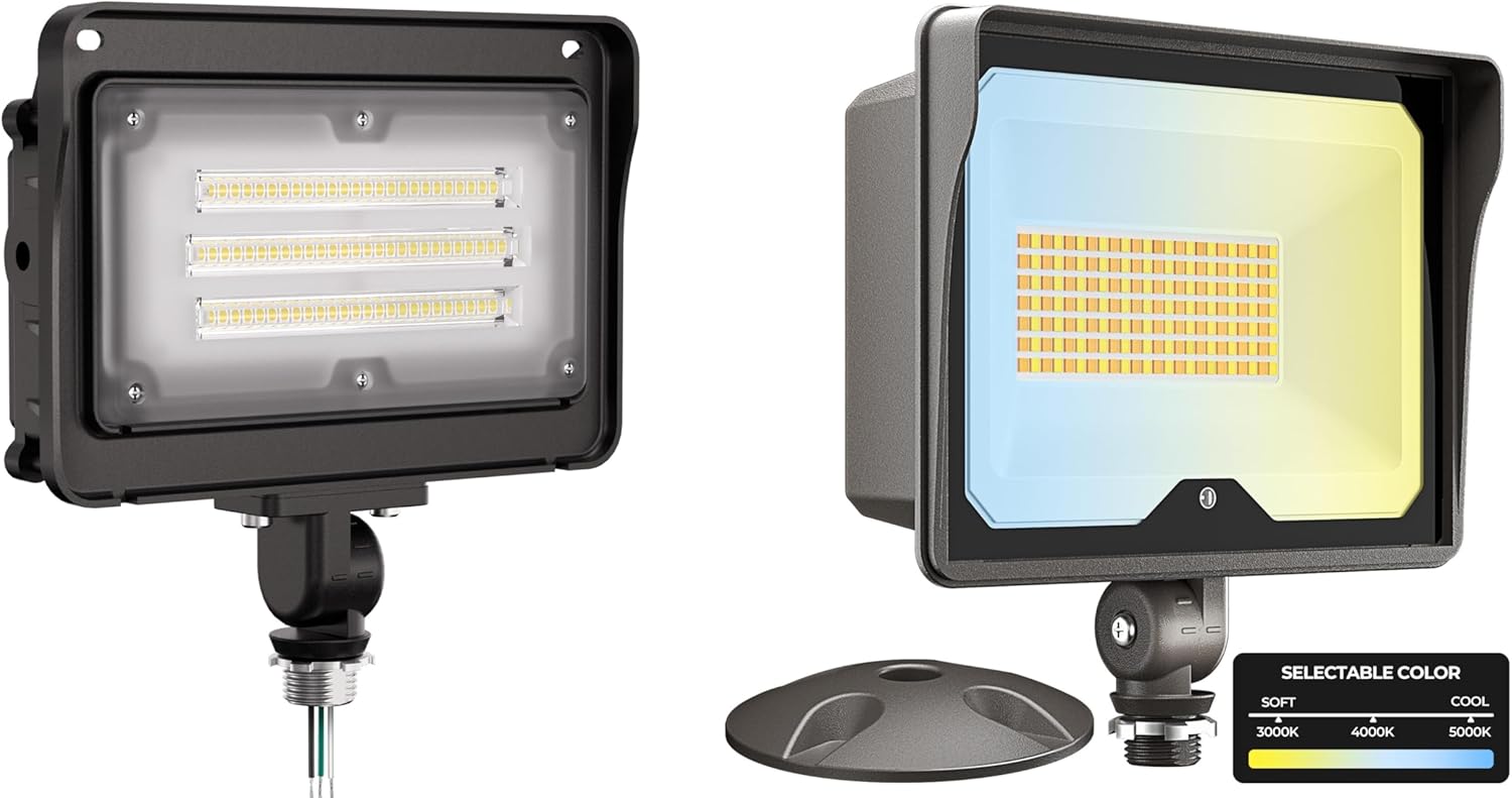 CINOTON 50W LED Flood Lights Outdoor 5000K, IP65 Waterproof Exterior Security Wall Lights and 55W LED Flood Light 3CCT (3000K/4000K/5000K), 7700LM Dusk-to-Dawn Photocell Outdoor Security Light