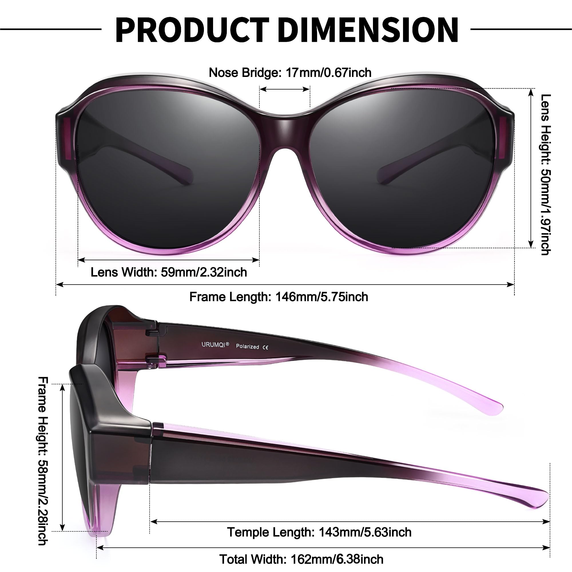 URUMQI Sonnenbrille für Brillenträger Damen Überzieh Sonnenbrille UV400 Schutz Blendschutz Polarisierte Fit over Brille Ultra Leicht Katzenauge Lila Rahmen