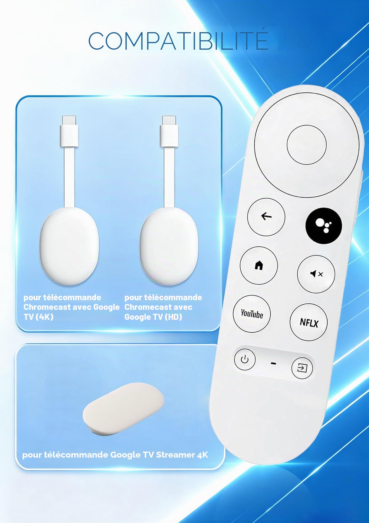 Télécommande vocale pour Google Chromecast TV 4K (Snow), télécommande de rechange pour Google Chromecast 4K Snow HD TV G9N9N GA01409-US GA01919-US GA01920-US GA01923-USGA01409-US